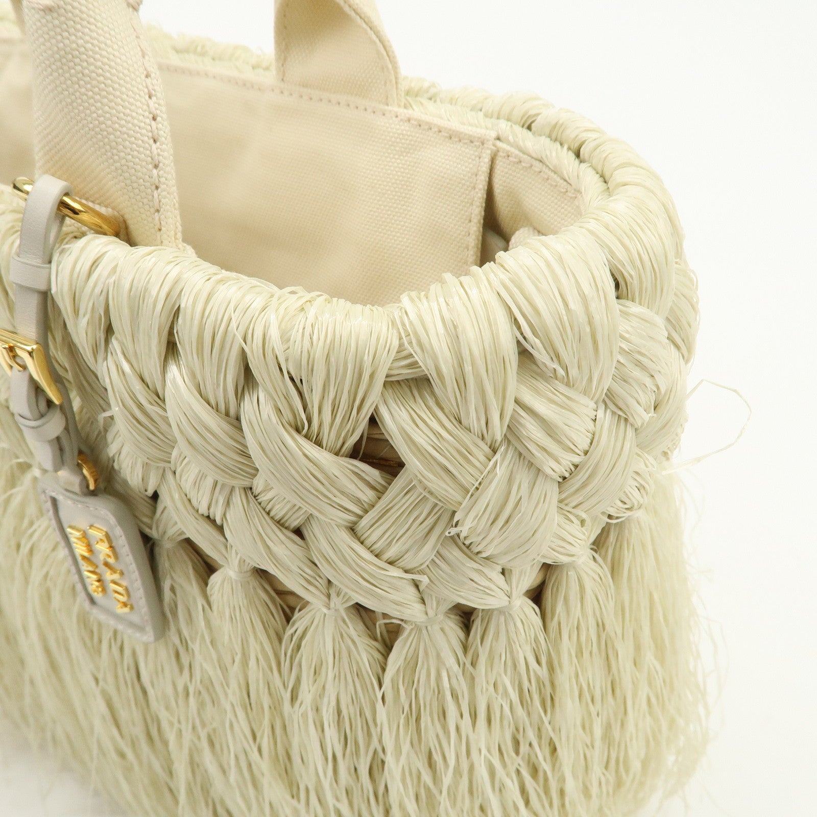 PRADA Logo Raffia Canvas Straw Hand Bag White Gold Charm1BG089