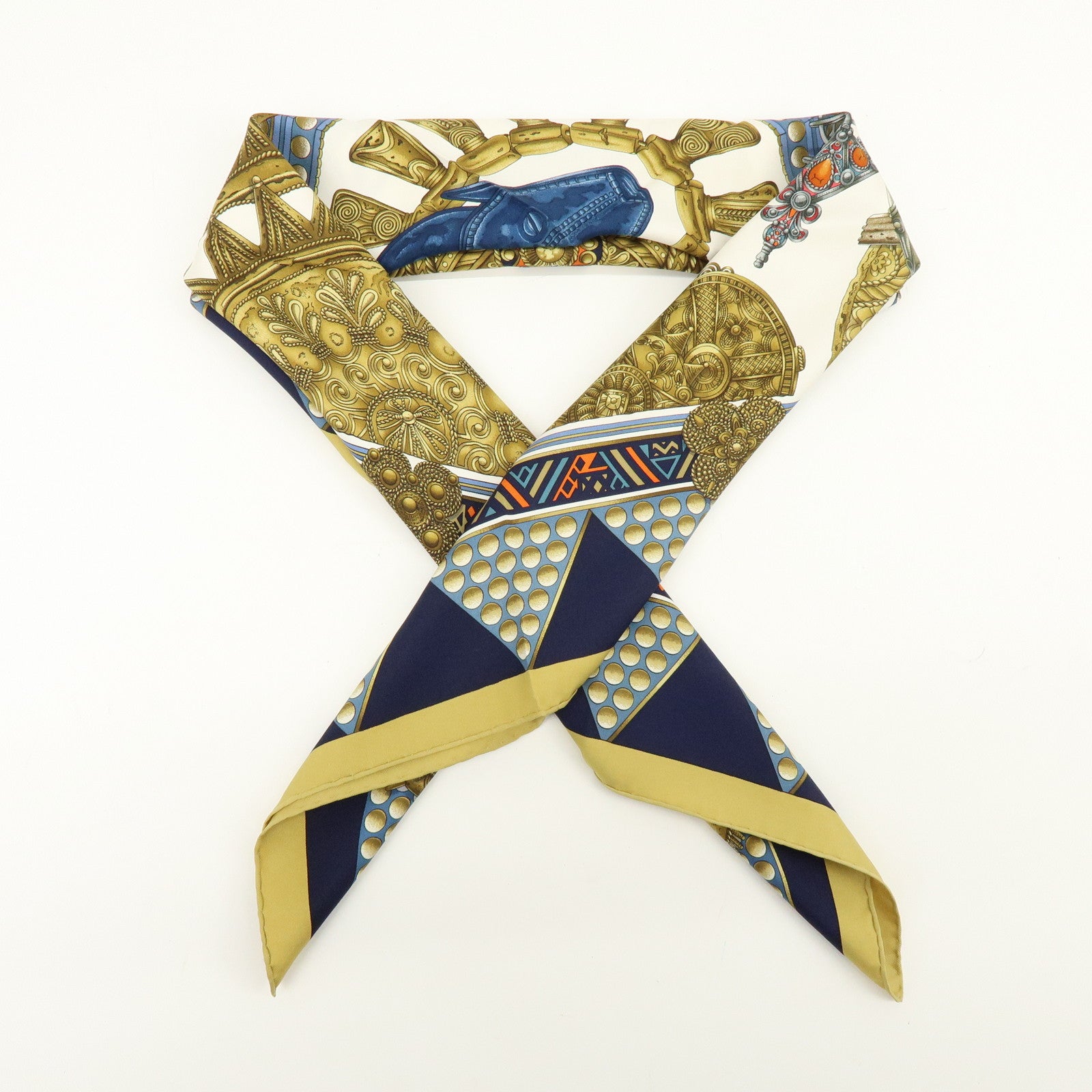HERMES Carre 90 Silk 100% Scarf L'OR DES CHEFS Gold Navy
