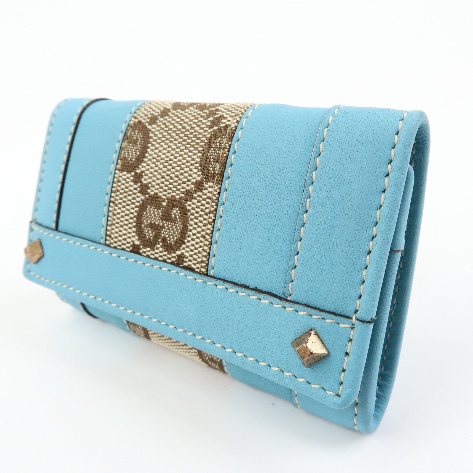 GUCCI GG Canvas Leather 6 Ring Key Case Light Blue Beige 120930