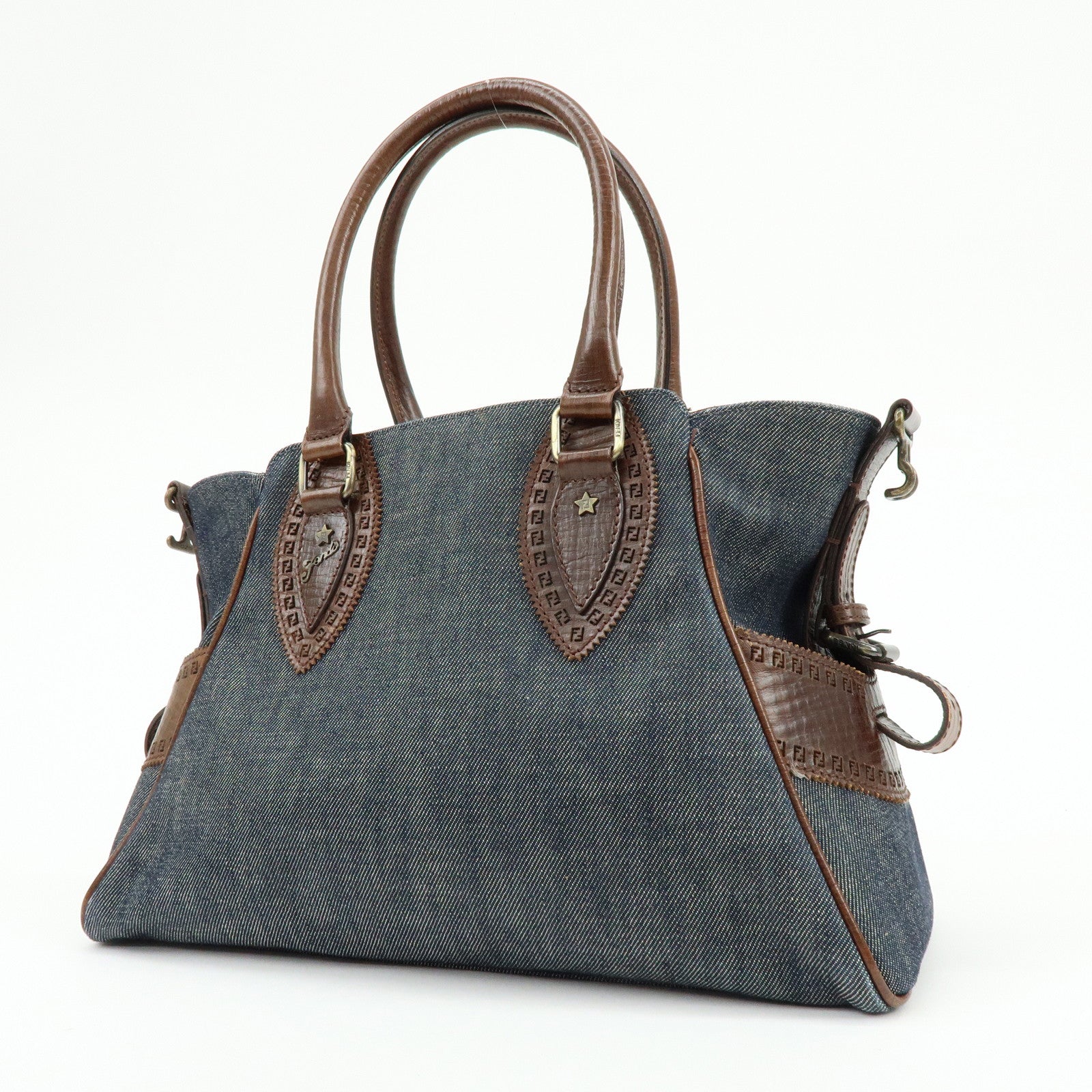 FENDI Etnico Zucca Denim Leather Shoulder Bag Blue Brown 8BN157