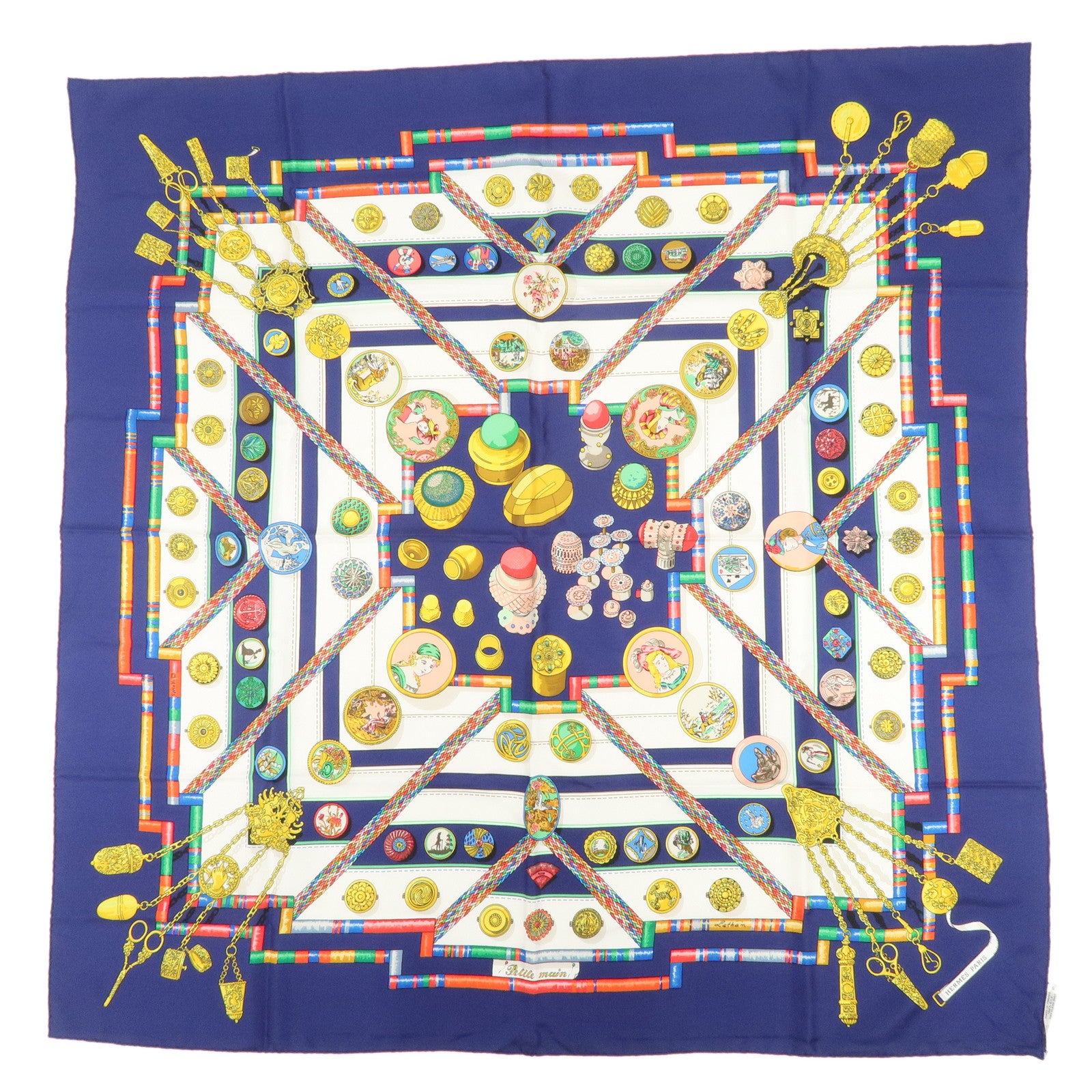 HERMES Carre 90 Silk 100% Scarf Petite main Navy White Multicolor
