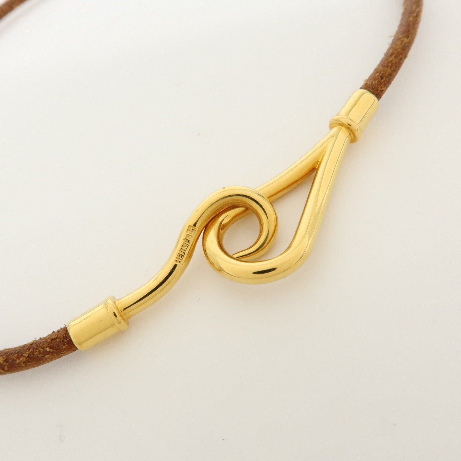 HERMES Jumbo Hook Double Tour Leather Choker Bracelet Brown Gold