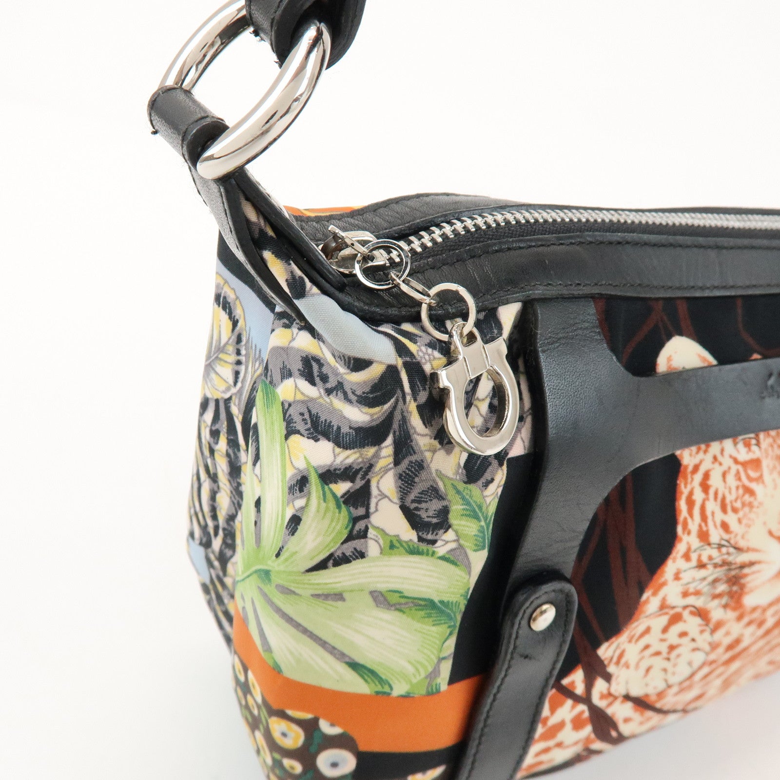Ferragamo Nylon Leather Shoulder Bag Black Multicolor Animal