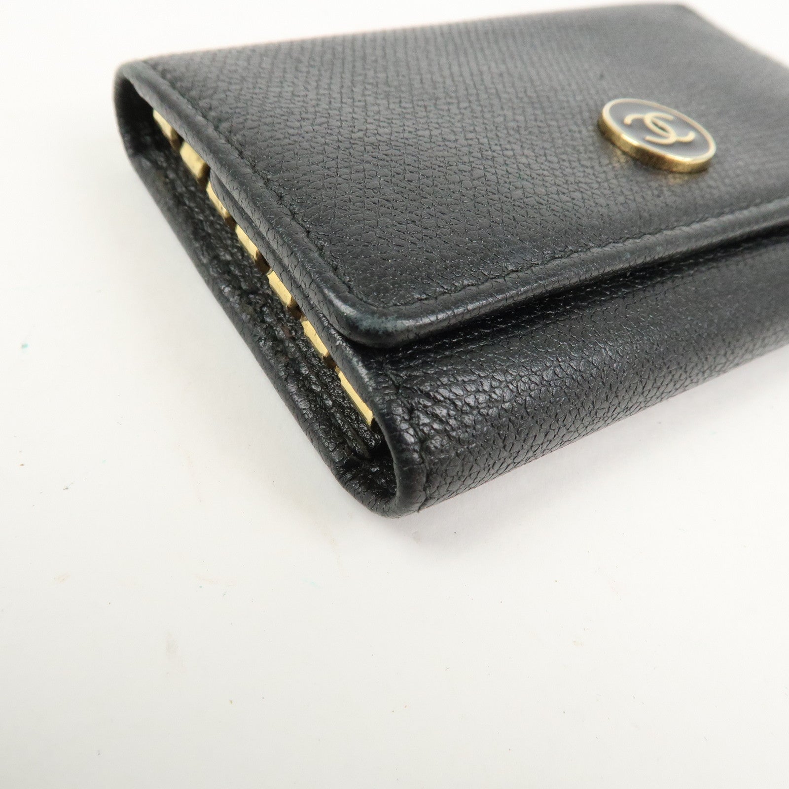 CHANEL Set Of 2 Leather Bi-Fold Long Wallet Key Case Black Gold