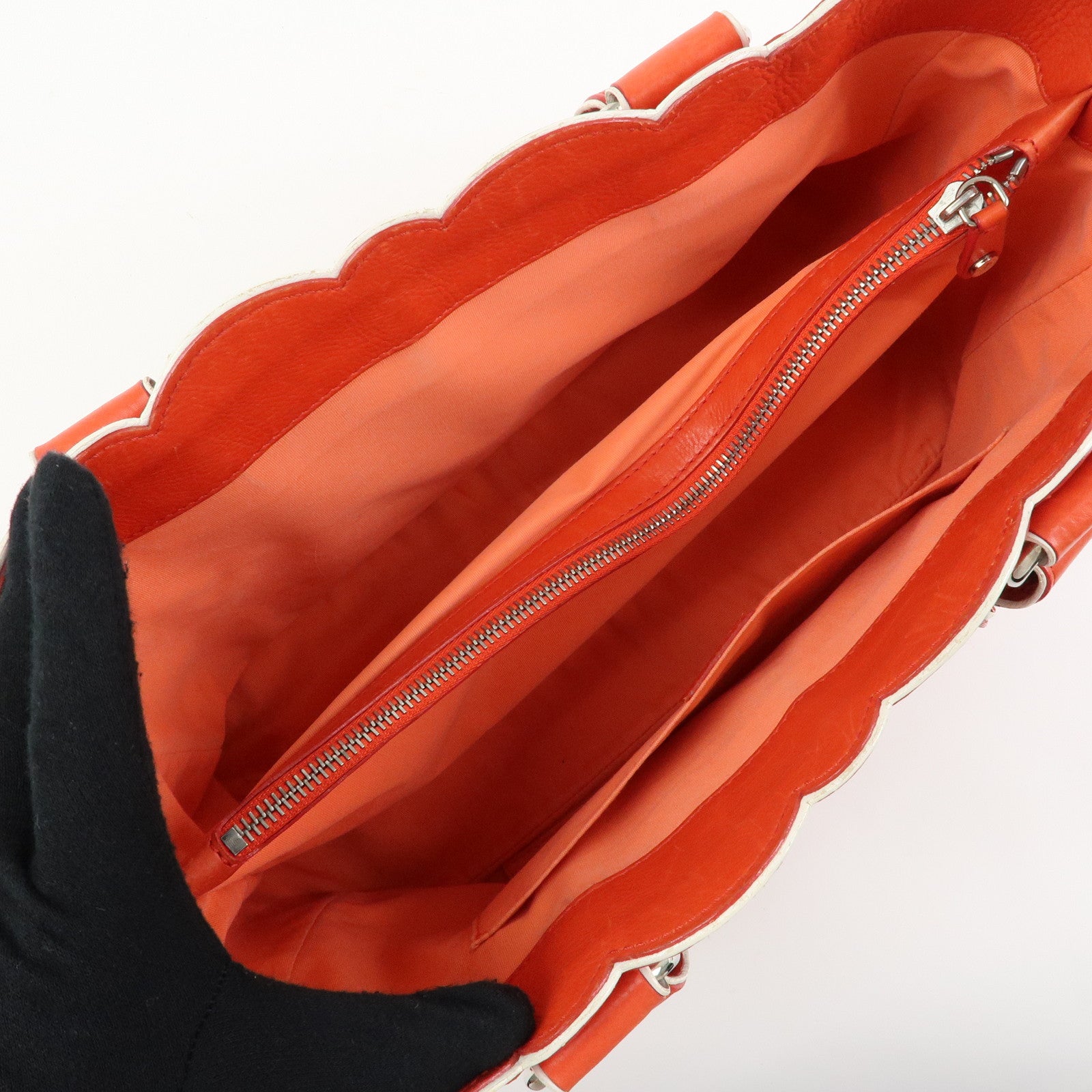 CELINE Scalloped Boogie Bag Leather Hand Bag Tote Bag Orange White