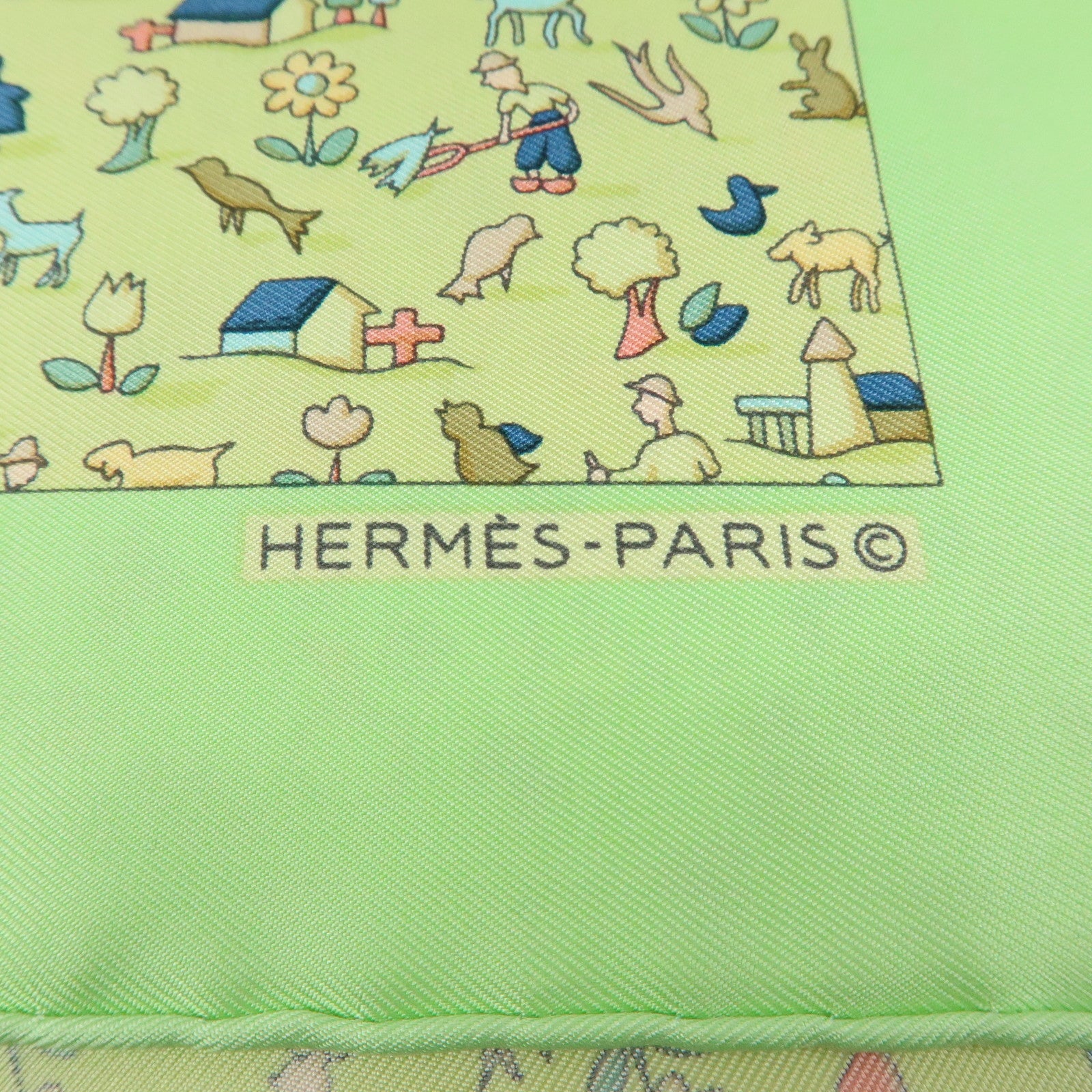 HERMES Petit Carre 40 Silk 100% Mini Scarf Farm Motif Green Yellow