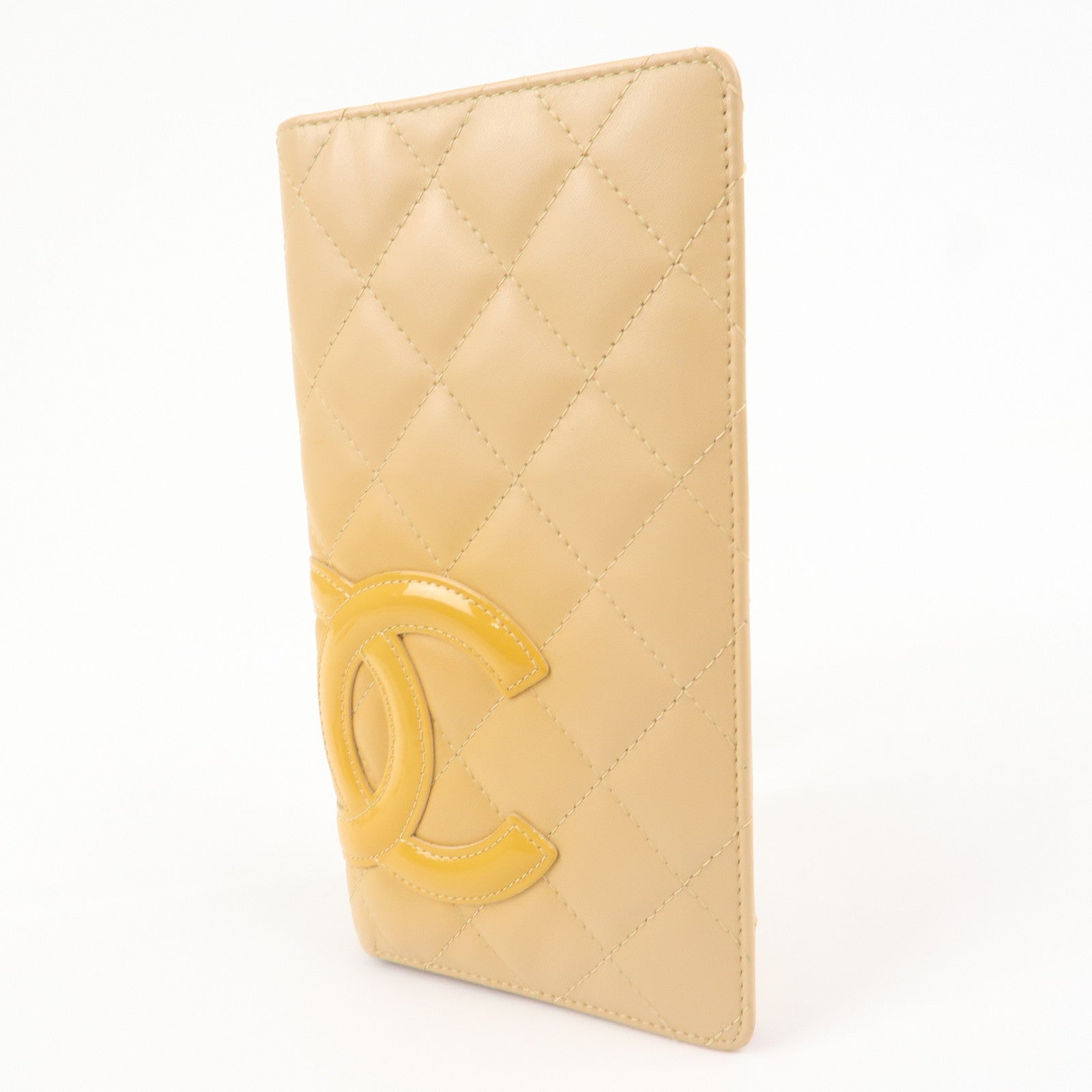 CHANEL Cambon Lamb Skin Leather Bi-fold Wallet Beige A26717