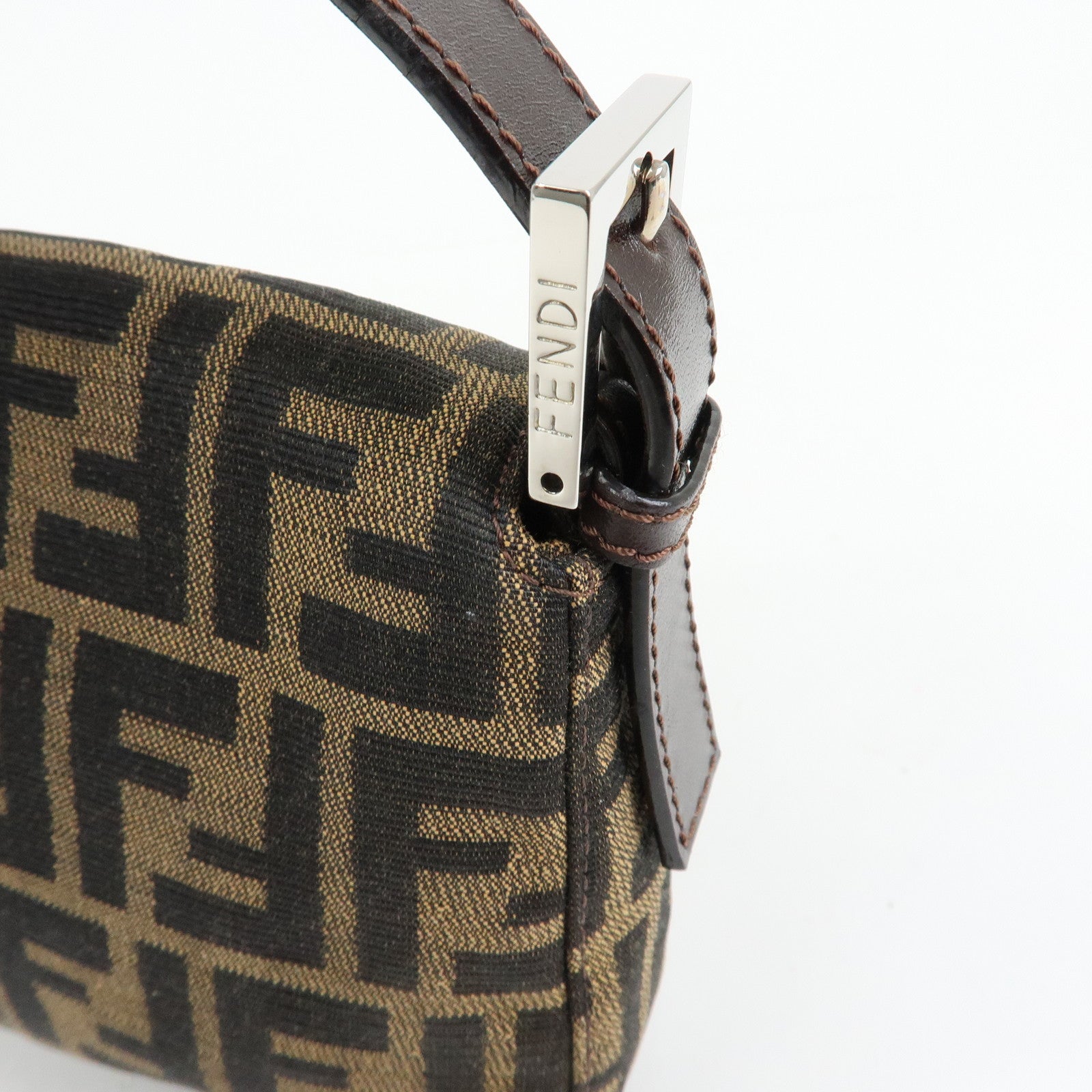 FENDI Mamma Baguette Zucca Canvas Leather Shoulder Bag Brown 26424