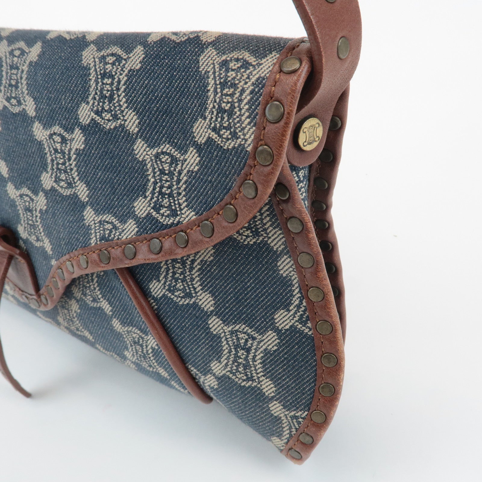 CELINE Macadam Denim Canvas Leather Shoulder Bag Blue Brown Used