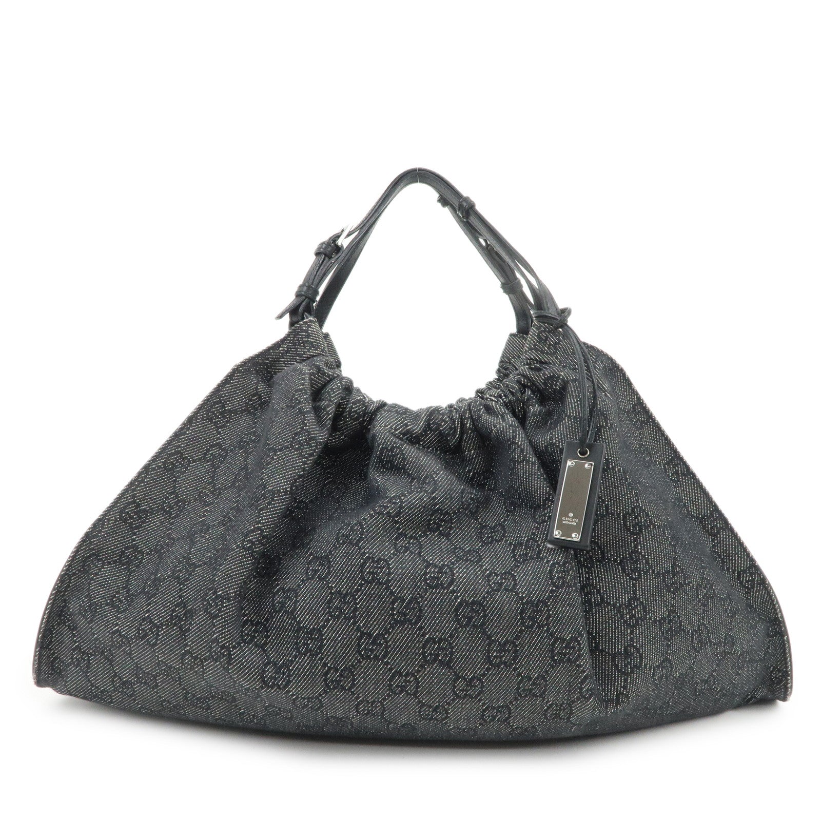 GUCCI GG Monogram Denim Canvas Leather Tote Hand Bag Black 76554