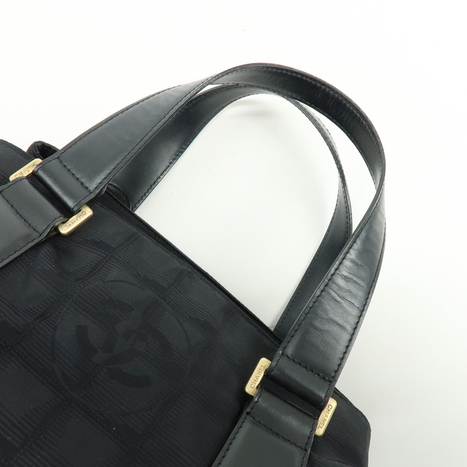 CHANEL New Travel Line Nylon Jacquard Leather Hand Bag Black