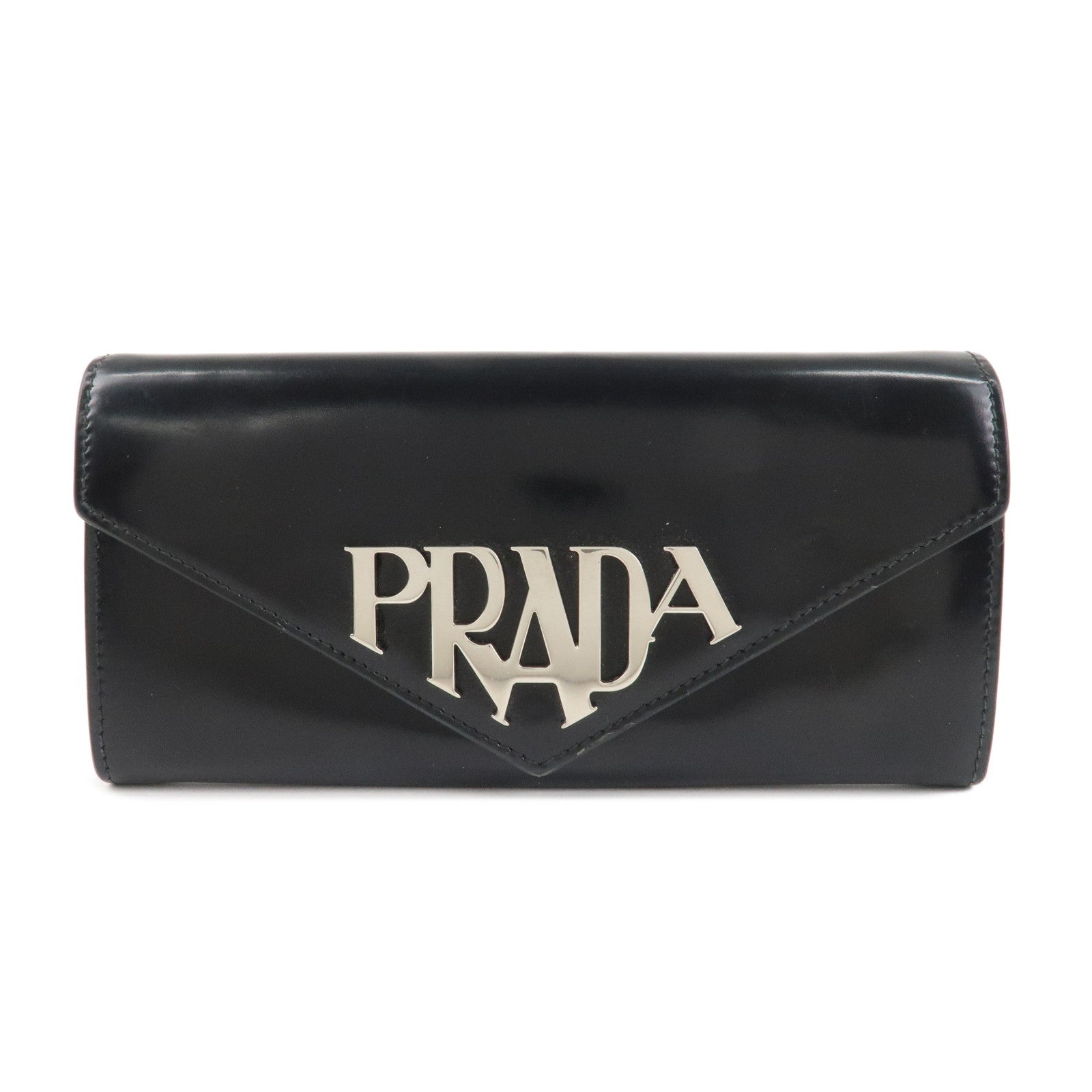 PRADA Leather Bi-Fold Long Wallet Black Silver Hardware 1MH037 Used