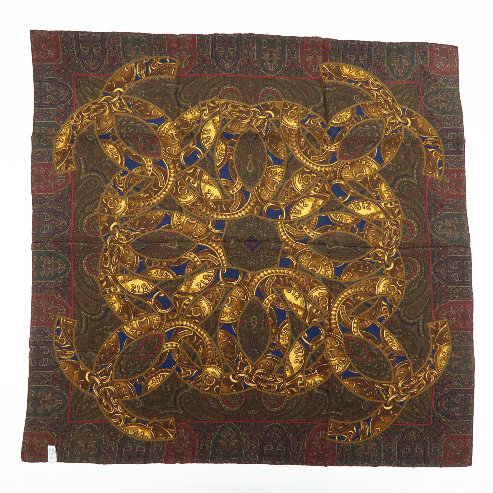 CHANEL Silk 100% Scarf Paisley Pattern Brown Multicolor