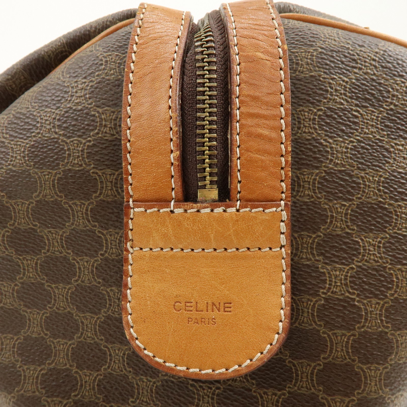 CELINE Macadam PVC Coated Canvas Leather Boston Bag Hand Bag Brown
