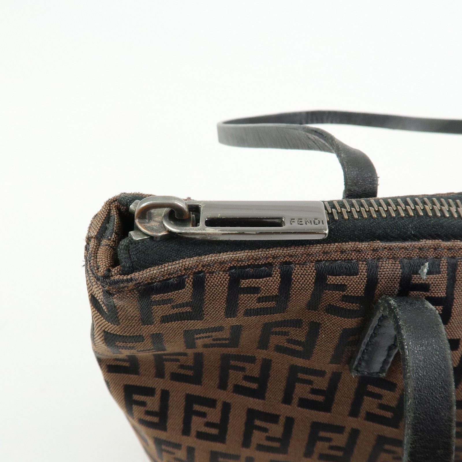 FENDI Zucchino Canvas Leather Tote Shoulder Bag Brown Black 8BH023