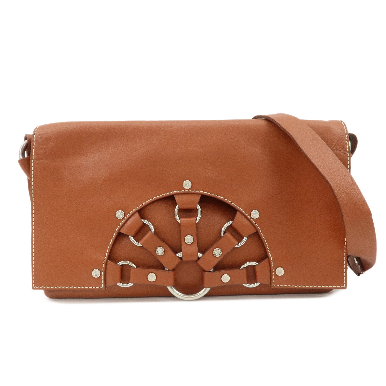 CELINE Leather Hand Bag Shoulder Bag Brown Silver HDW
