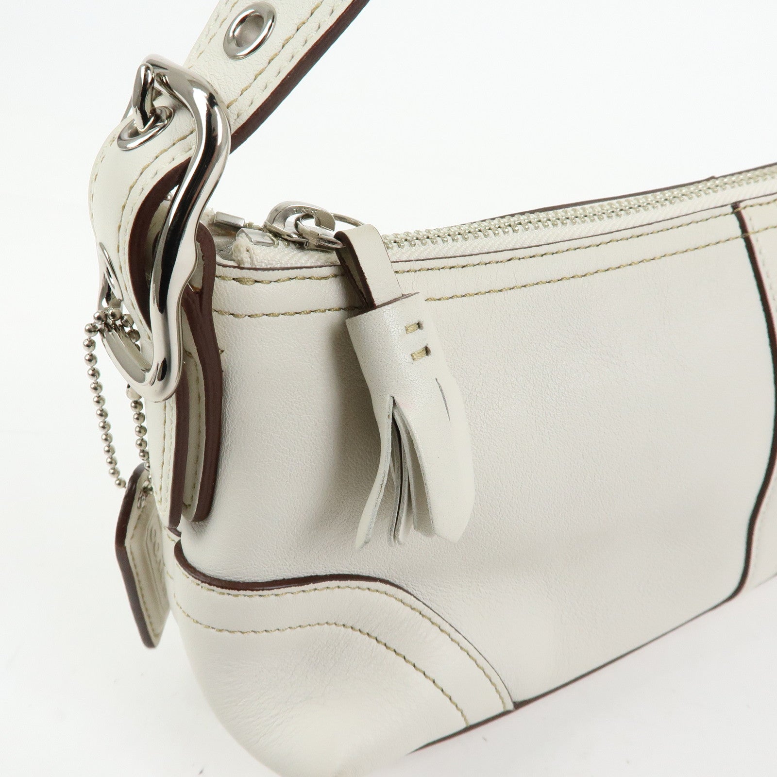 COACH Leather Hand Bag Shoulder Bag Pouch Charm White
