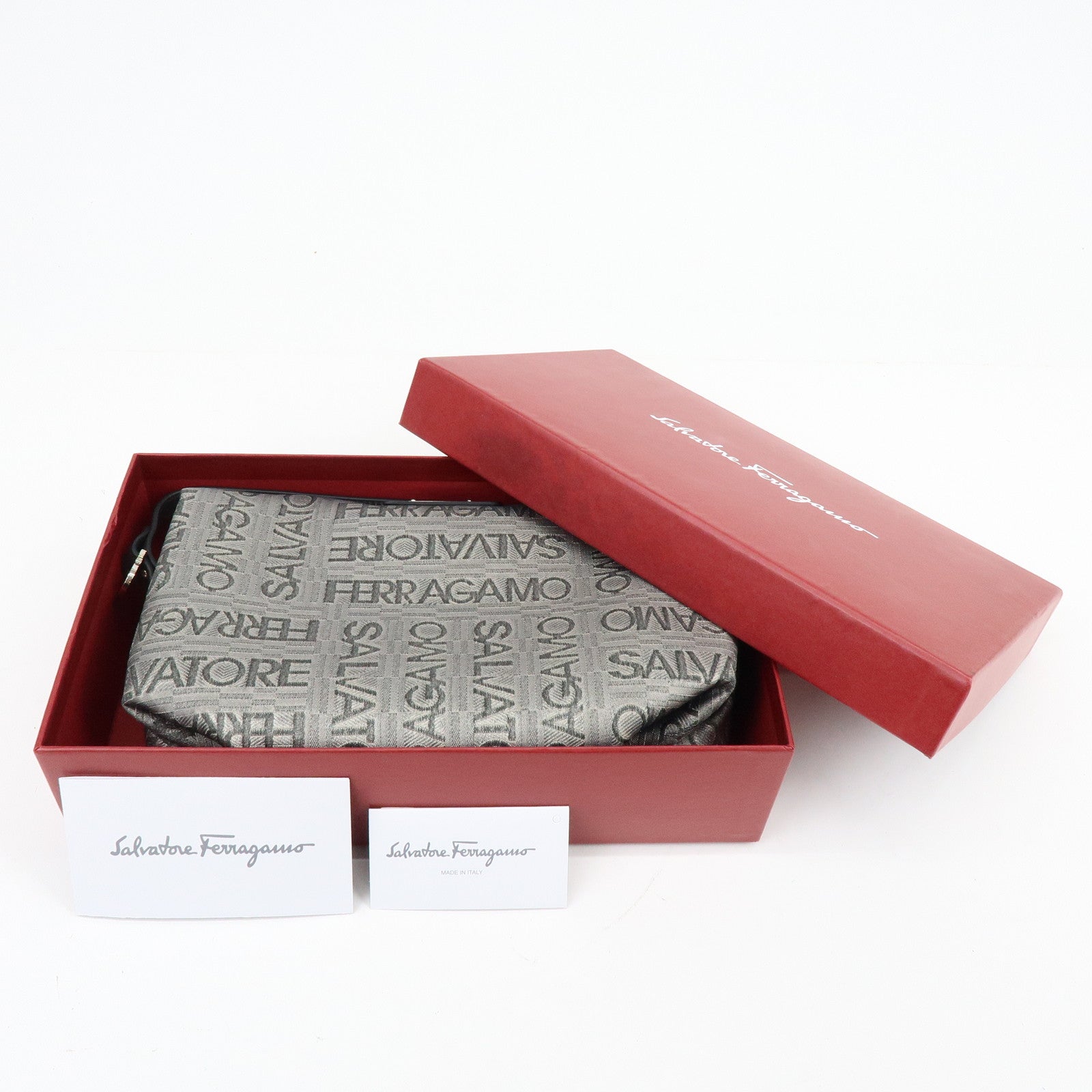 Ferragamo Gancini Logo Canvas Leather Hand Bag Pouch Silver Black