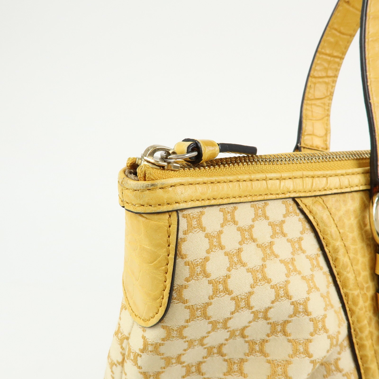 CELINE Macadam Canvas Leather Tote Bag Hand Bag Yellow Red Beige