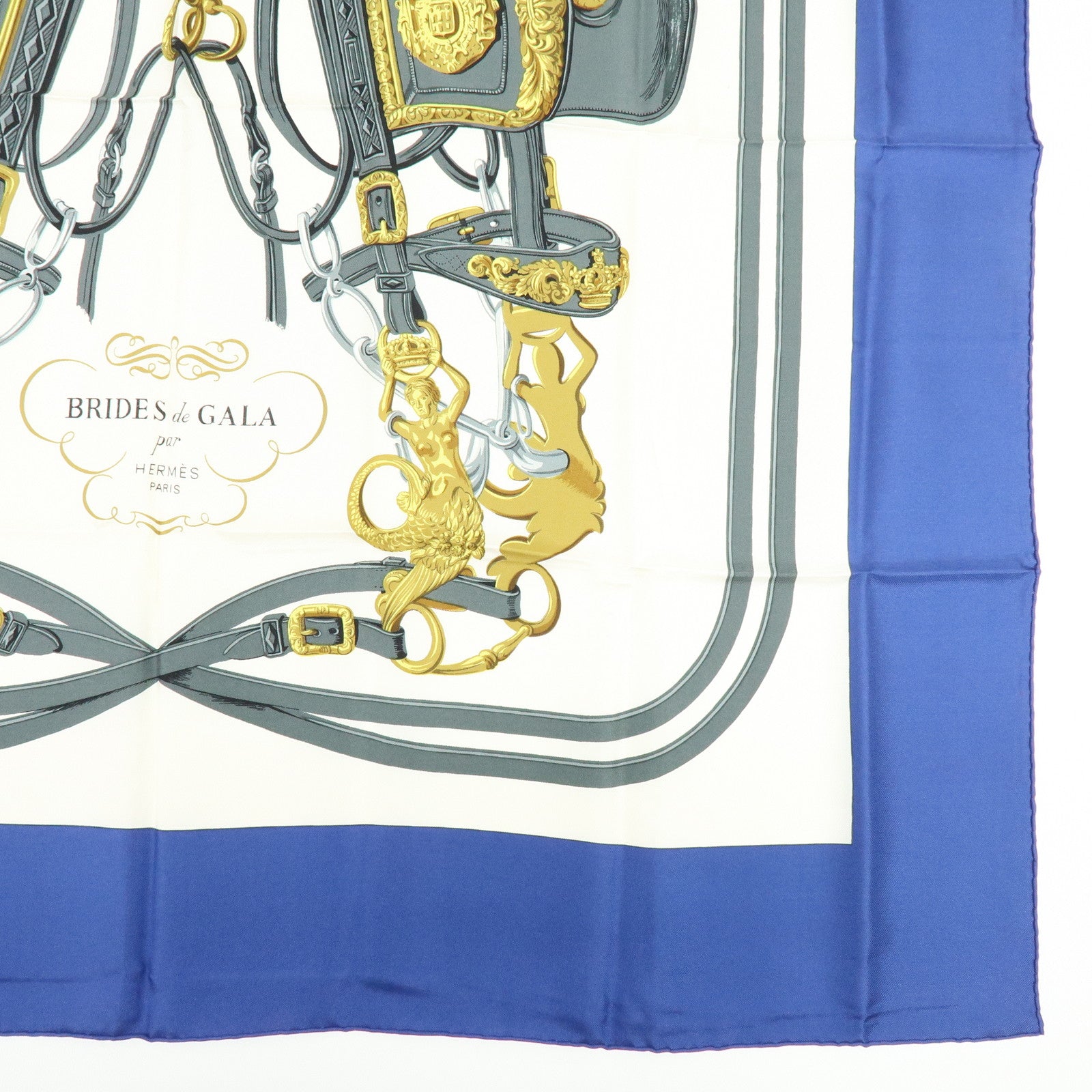 HERMES Carre 90 Silk 100% Scarf BRIDES DE GALA Navy Gray Gold