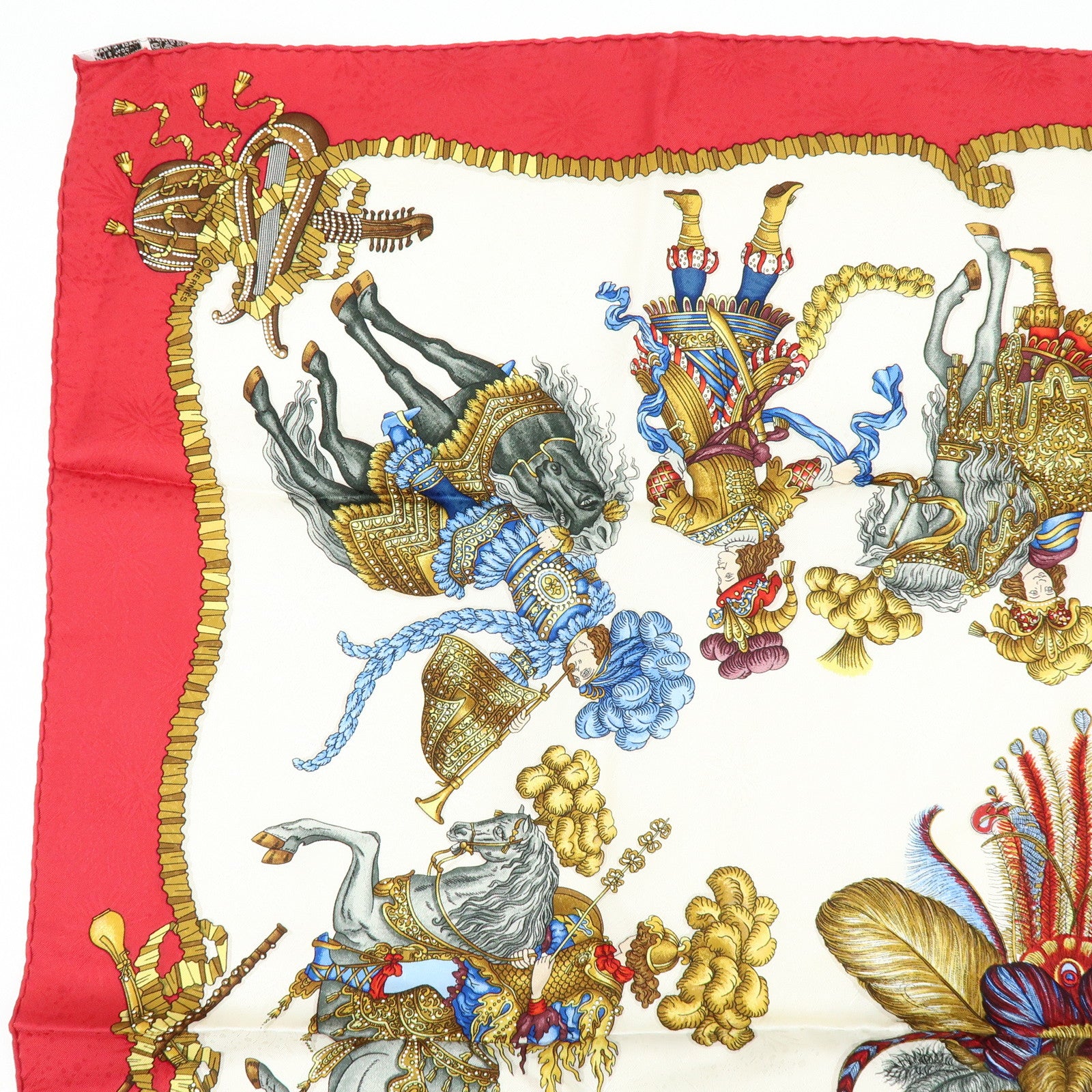 HERMES Carre 90 Silk 100% Scarf LES FERES DU ROI SOLEIL Red Gold