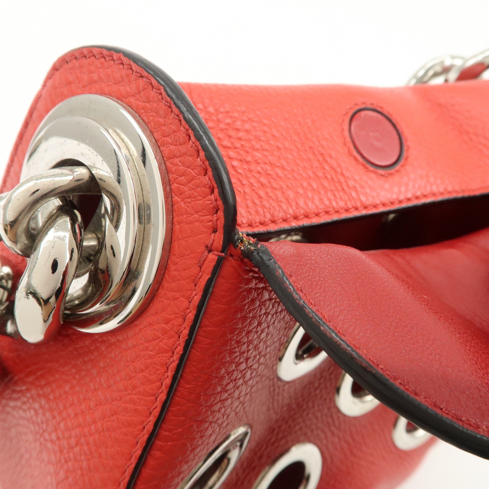 PRADA Logo Grommet Leather Chain Shoulder Bag Red Silver 1BA027