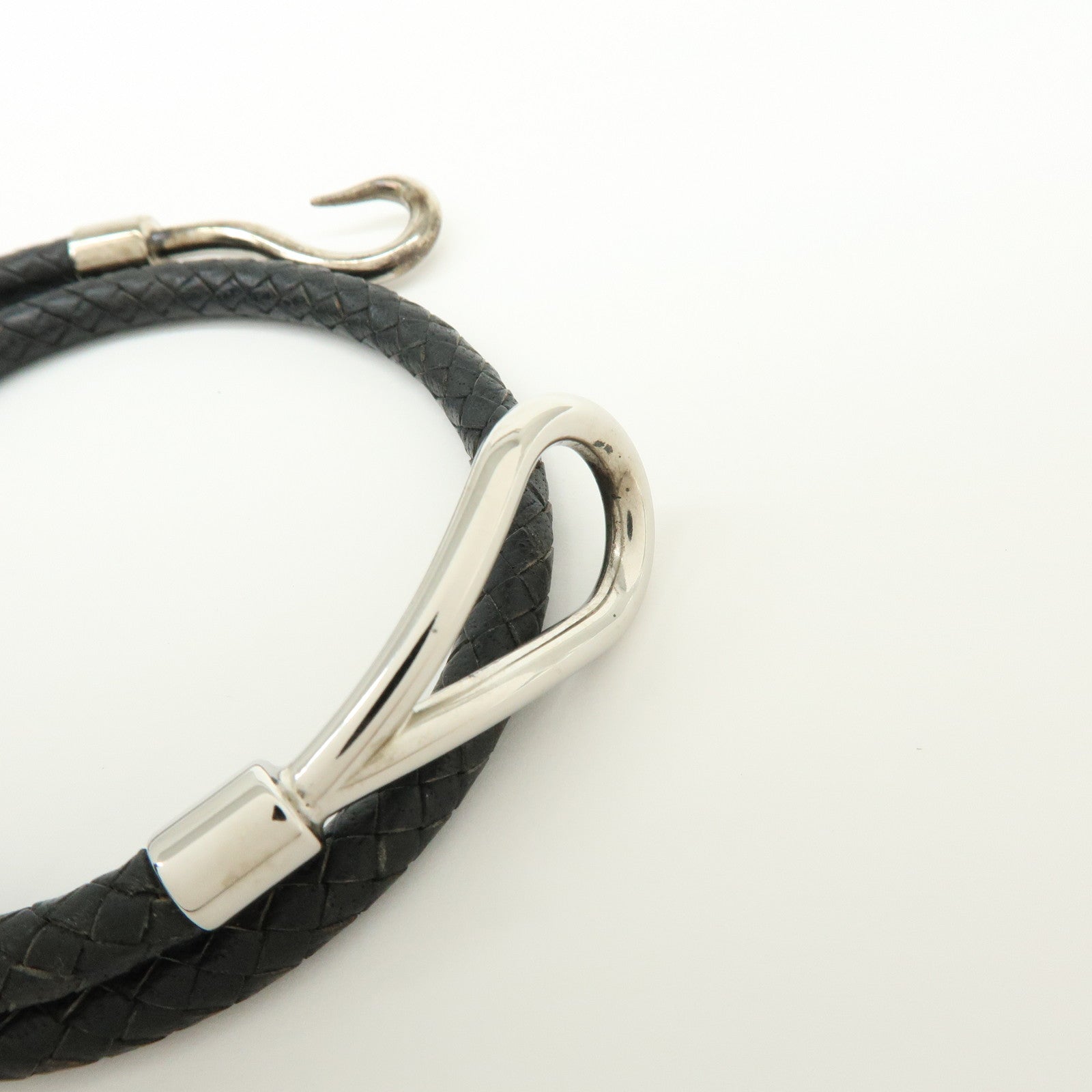 HERMES Jumbo Choker Double Tour Leather Metal Bracelet Black Silver