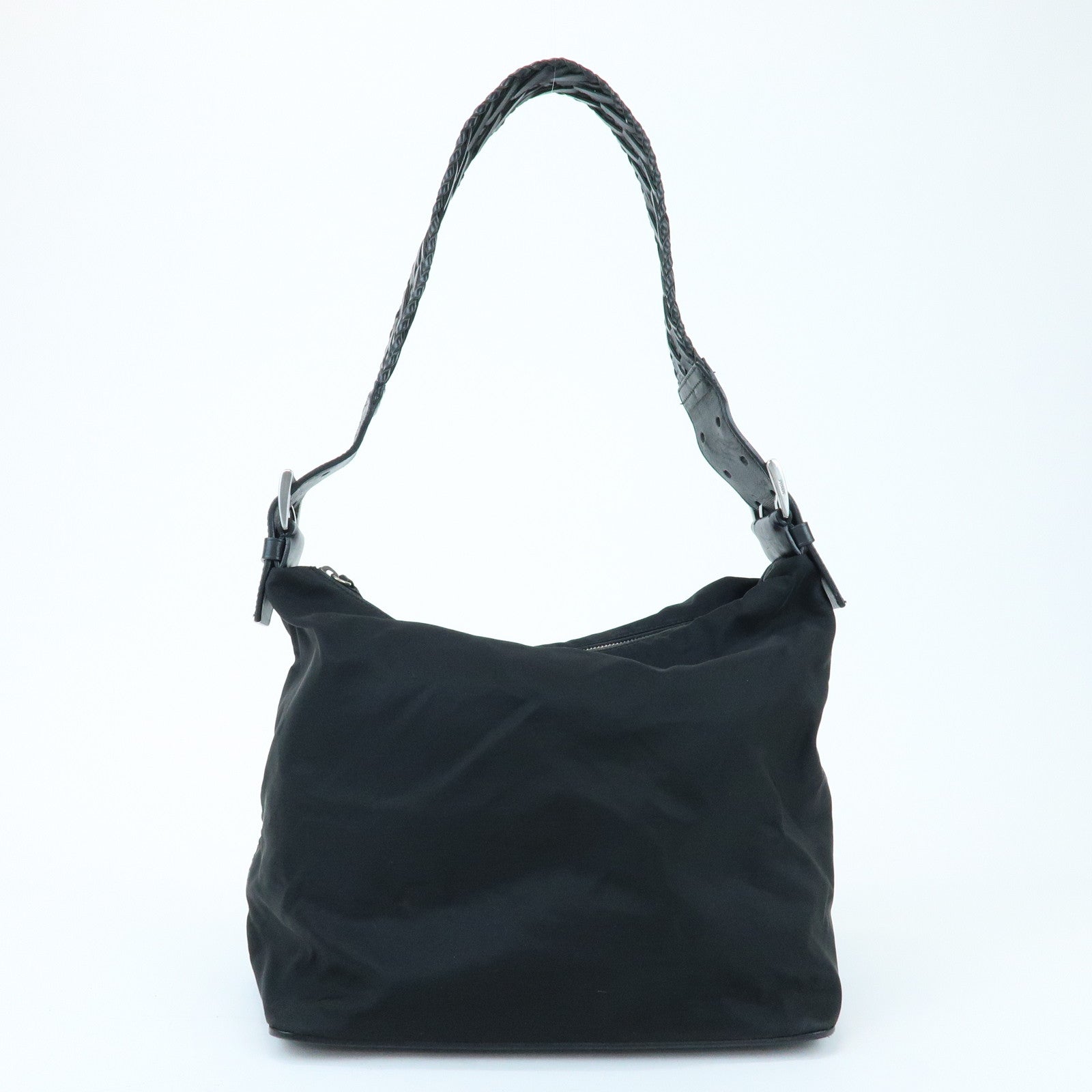 PRADA Triangle Logo Nylon Leather Shoulder Bag Black BR0575