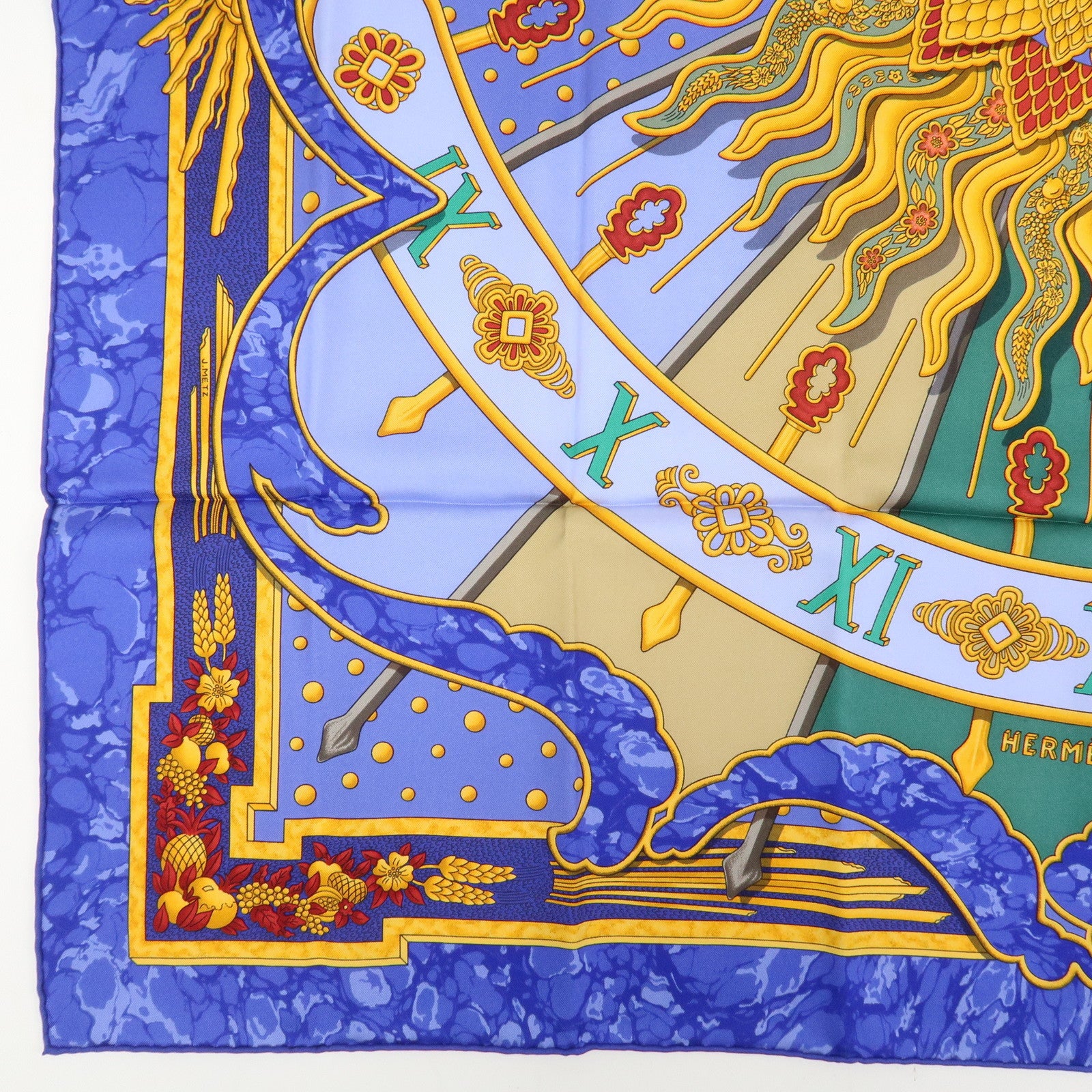 HERMES Carre 90 Silk 100% Scarf CARPE DIEM Blue Yellow Multicolor
