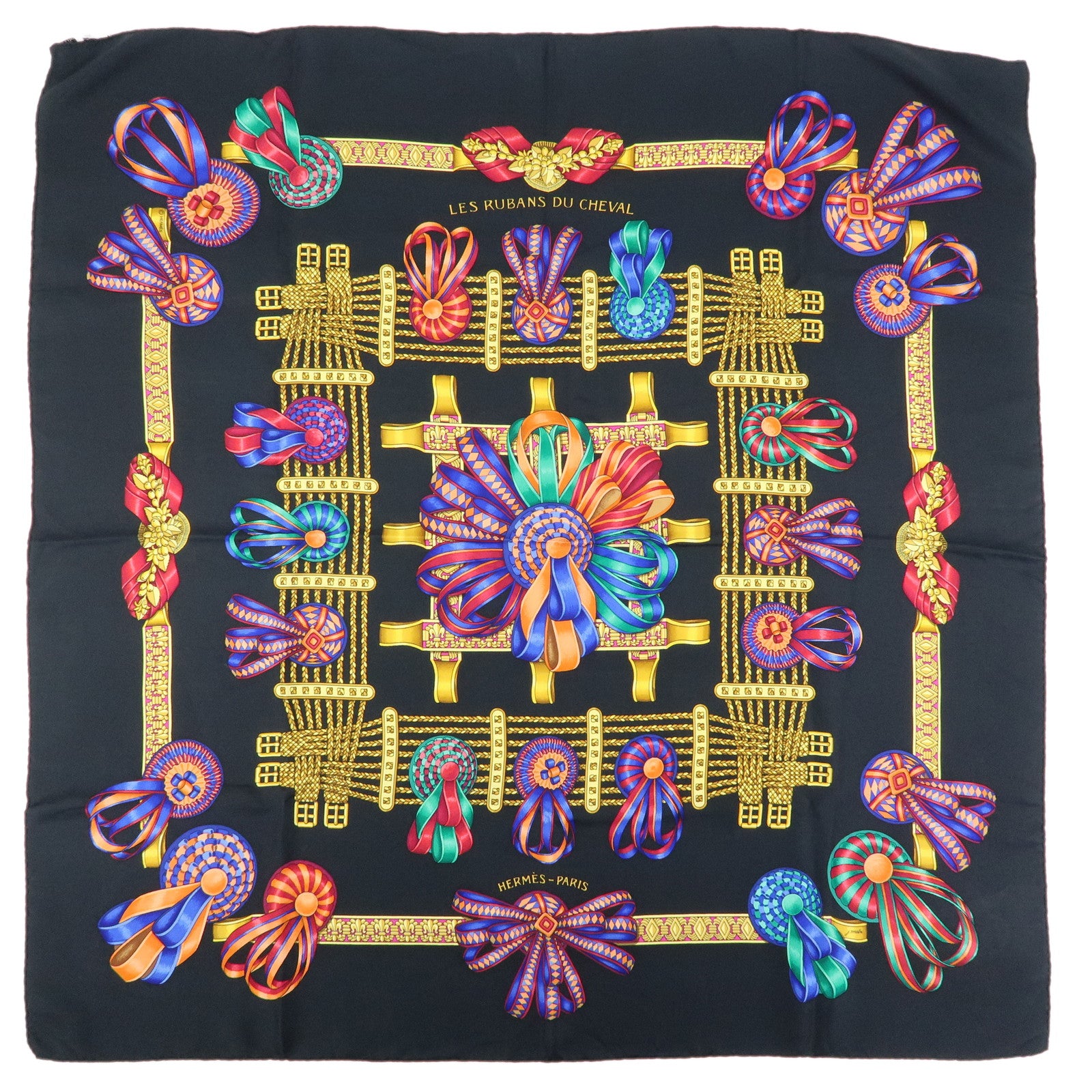 HERMES Carre 90 Silk 100% Scarf LES RUBANS DU CHEVAL Black