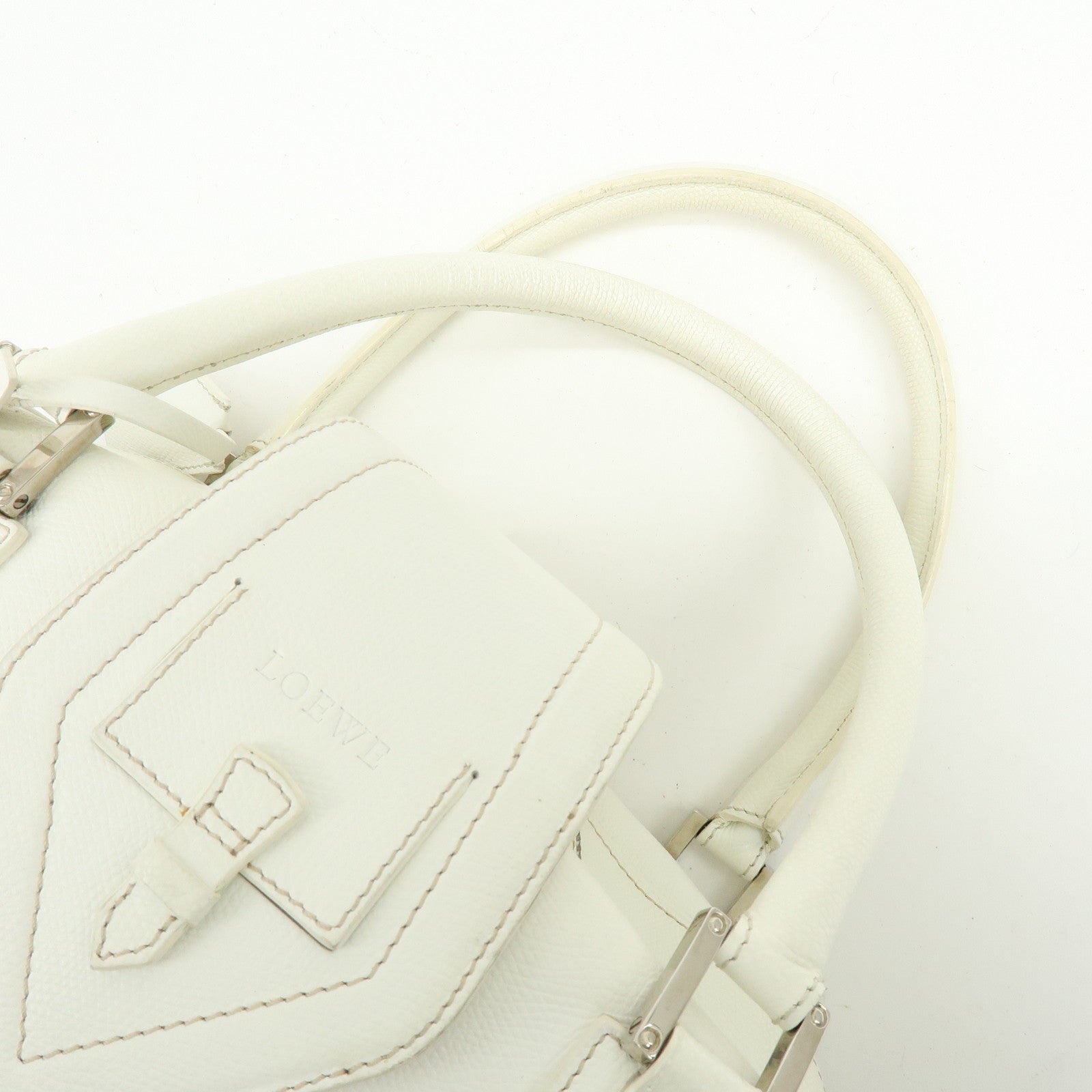 LOEWE Logo Side Pocket Leather Boston Bag Hand Bag White