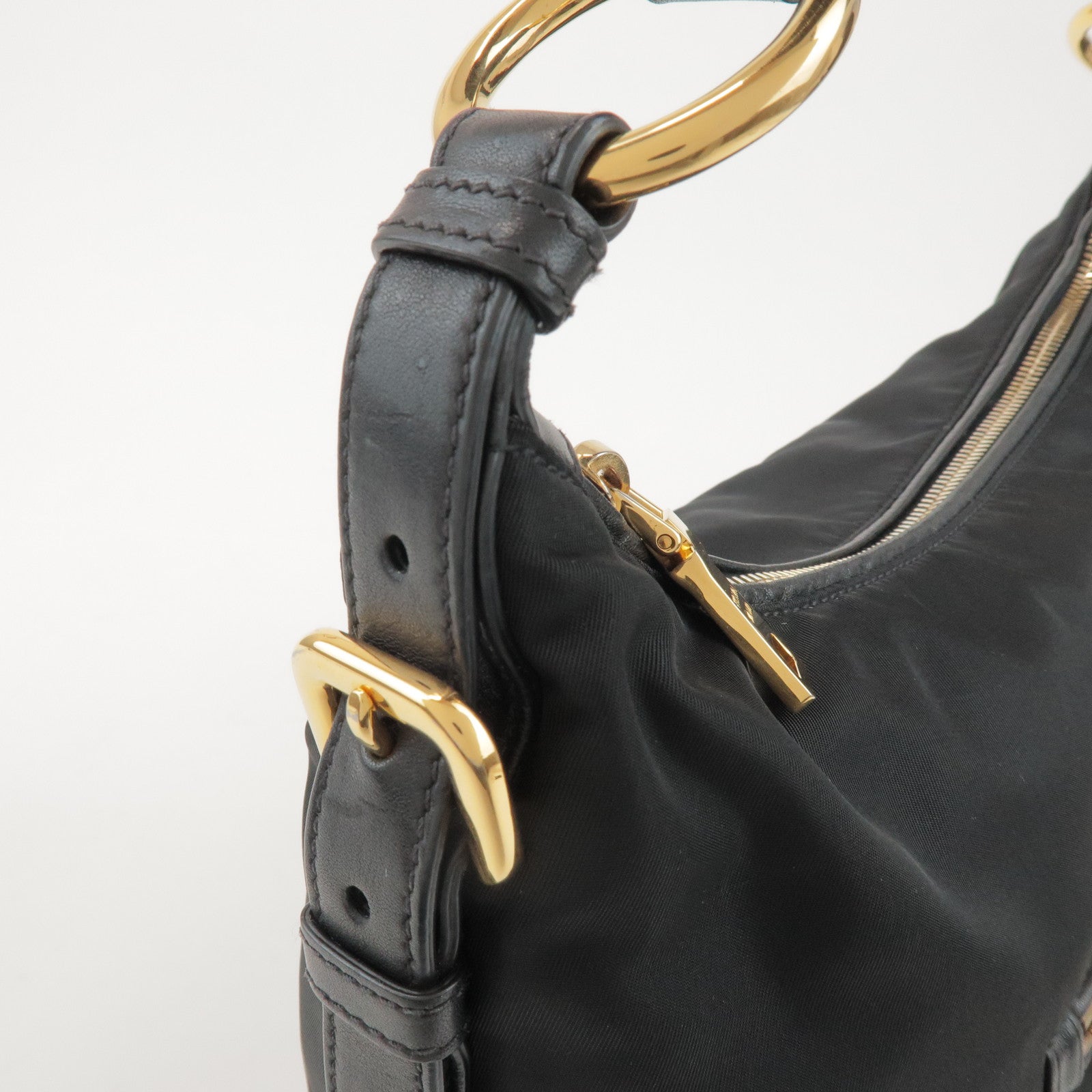 PRADA Triangle Logo Nylon Leather Shoulder Bag Black