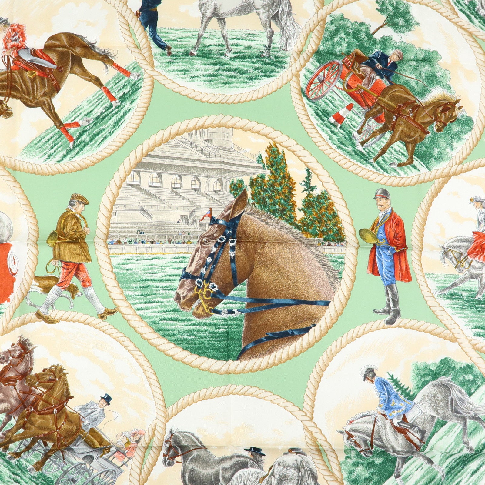 HERMES Carre 90 Silk 100% Scarf Auteuil en Mai Horse Print