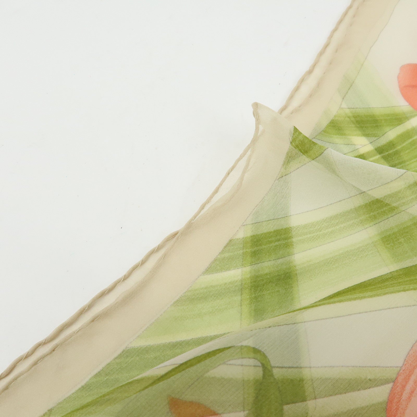 Ferragamo Silk 100% Scarf Flower Motif Ocha-Ken Beige Green Red