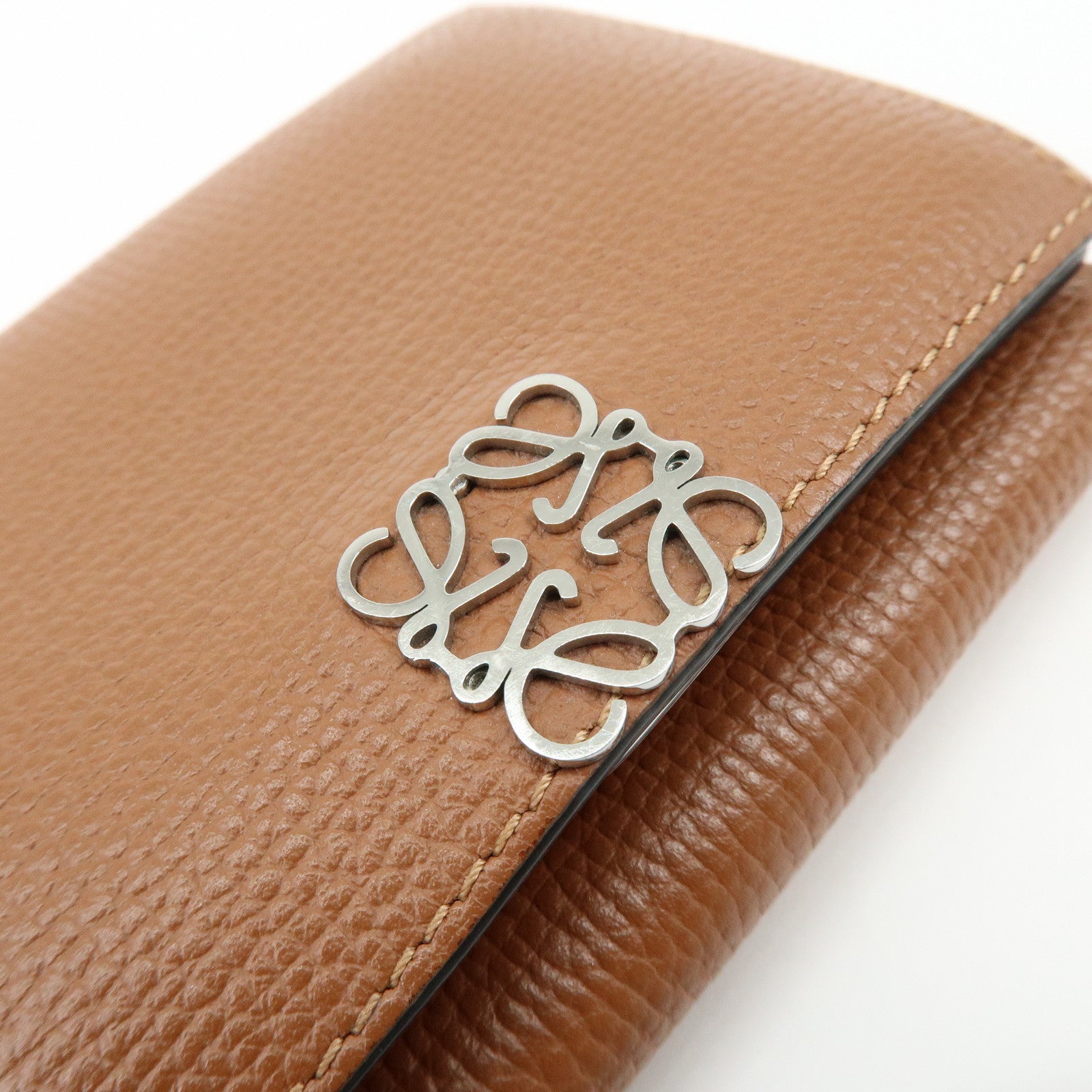 LOEWE Anagram Pebble Grained Calf Compact Tri-fold Wallet Camel