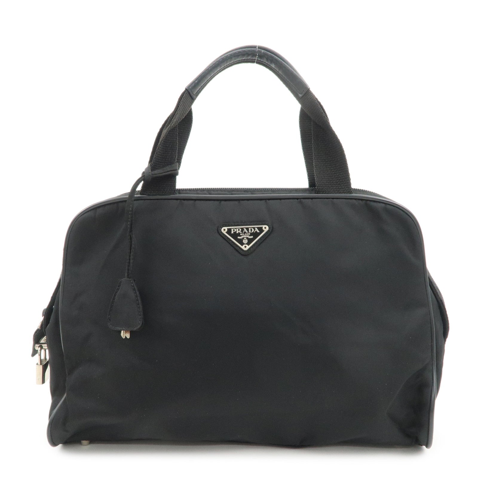 PRADA Triangle Logo Nylon Leather Hand Bag Boston Bag Black
