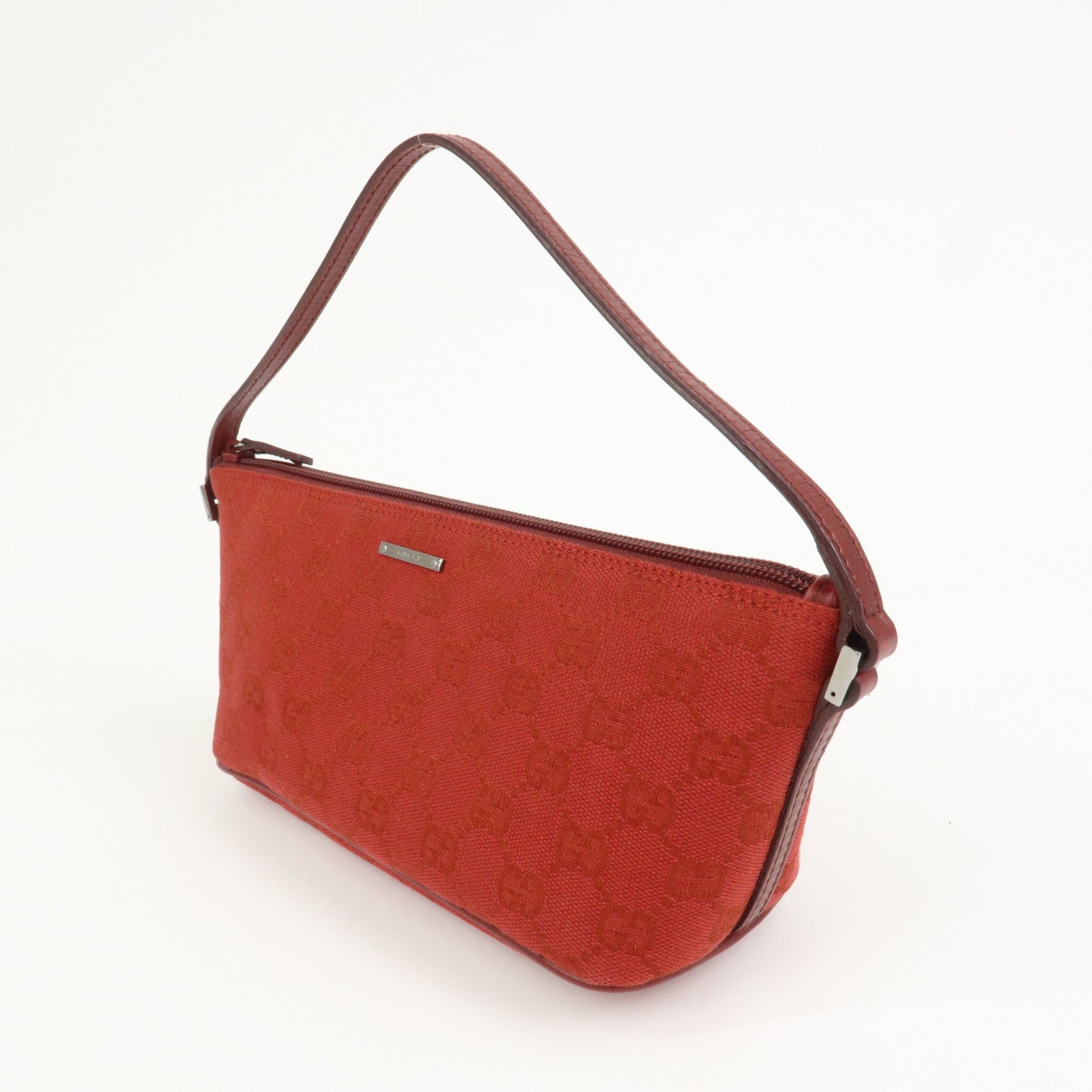 GUCCI Boat Bag GG Canvas Leather Hand Bag Pouch Red 07198