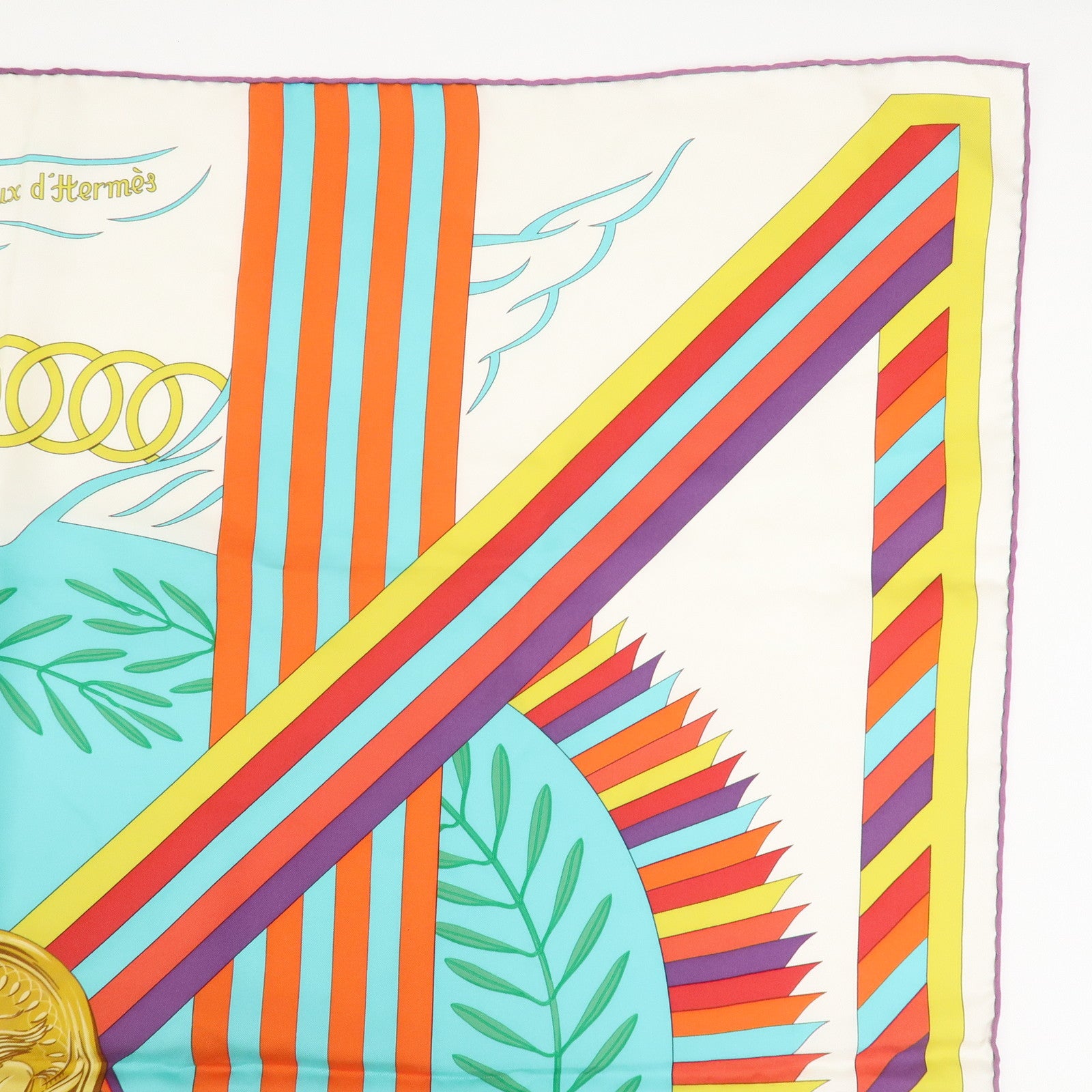 HERMES Carre 90 Silk 100% Scarf JES JEUX D'HERMES White Multicolor