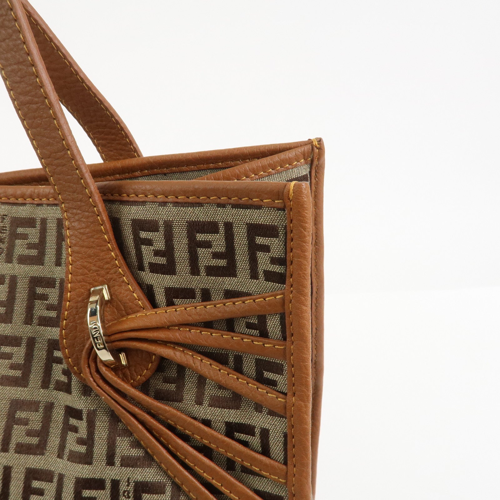 FENDI Zuccino Canvas Leather Tote Bag Hand Bag Brown 8BH153