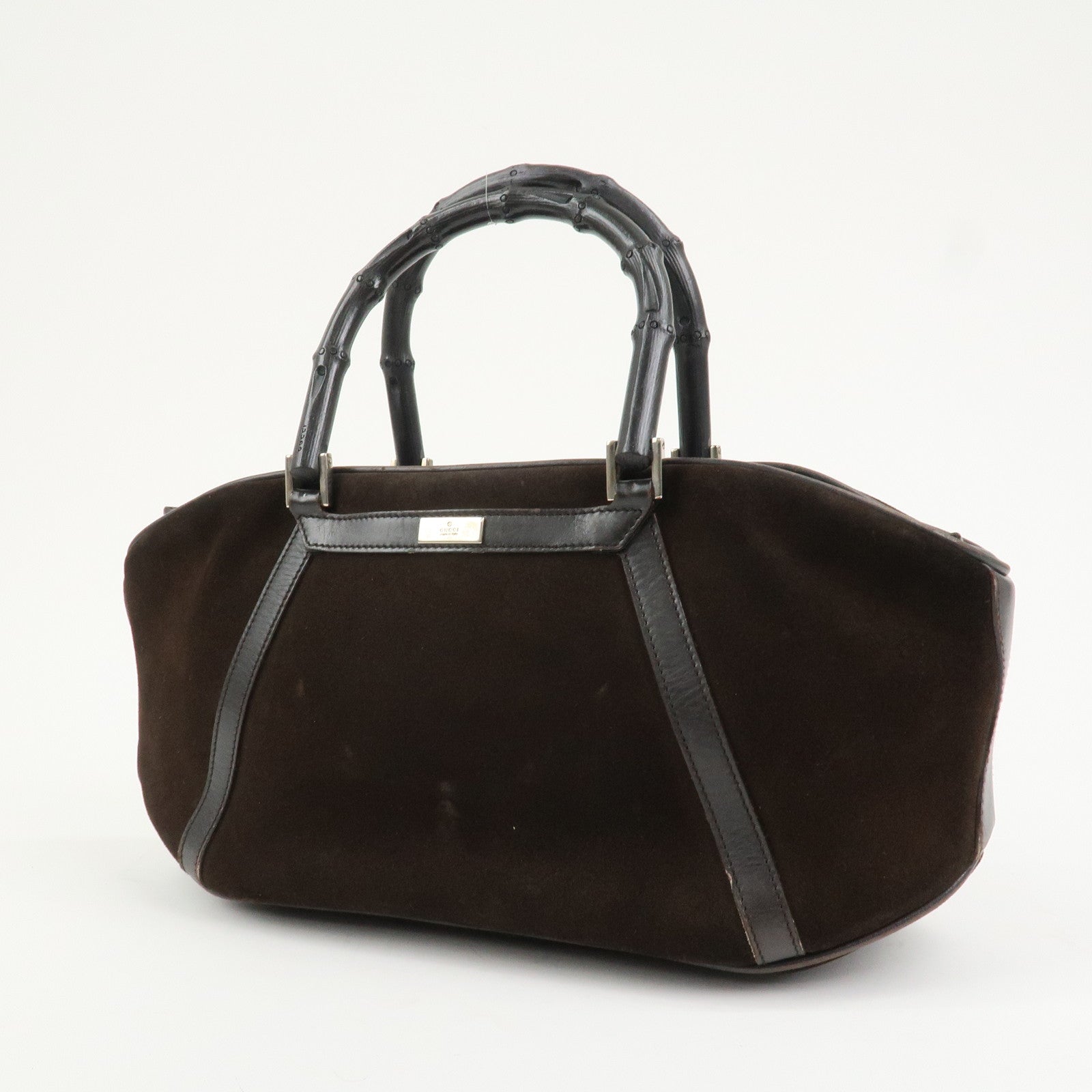 GUCCI Bamboo Suede Leather Hand Bag Dark Brown 002.1084