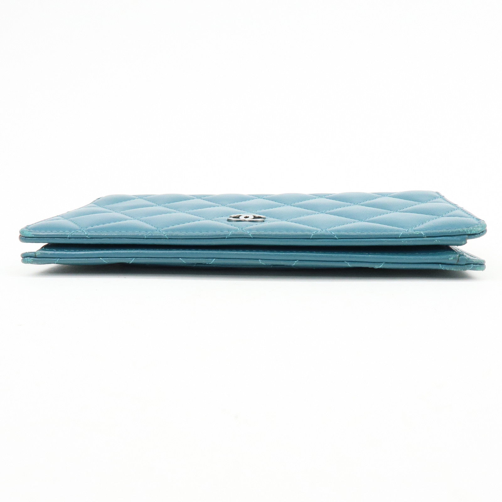 CHANEL COCO Mark Matelasse Lamb Skin Bi-fold Flap Long Wallet Blue