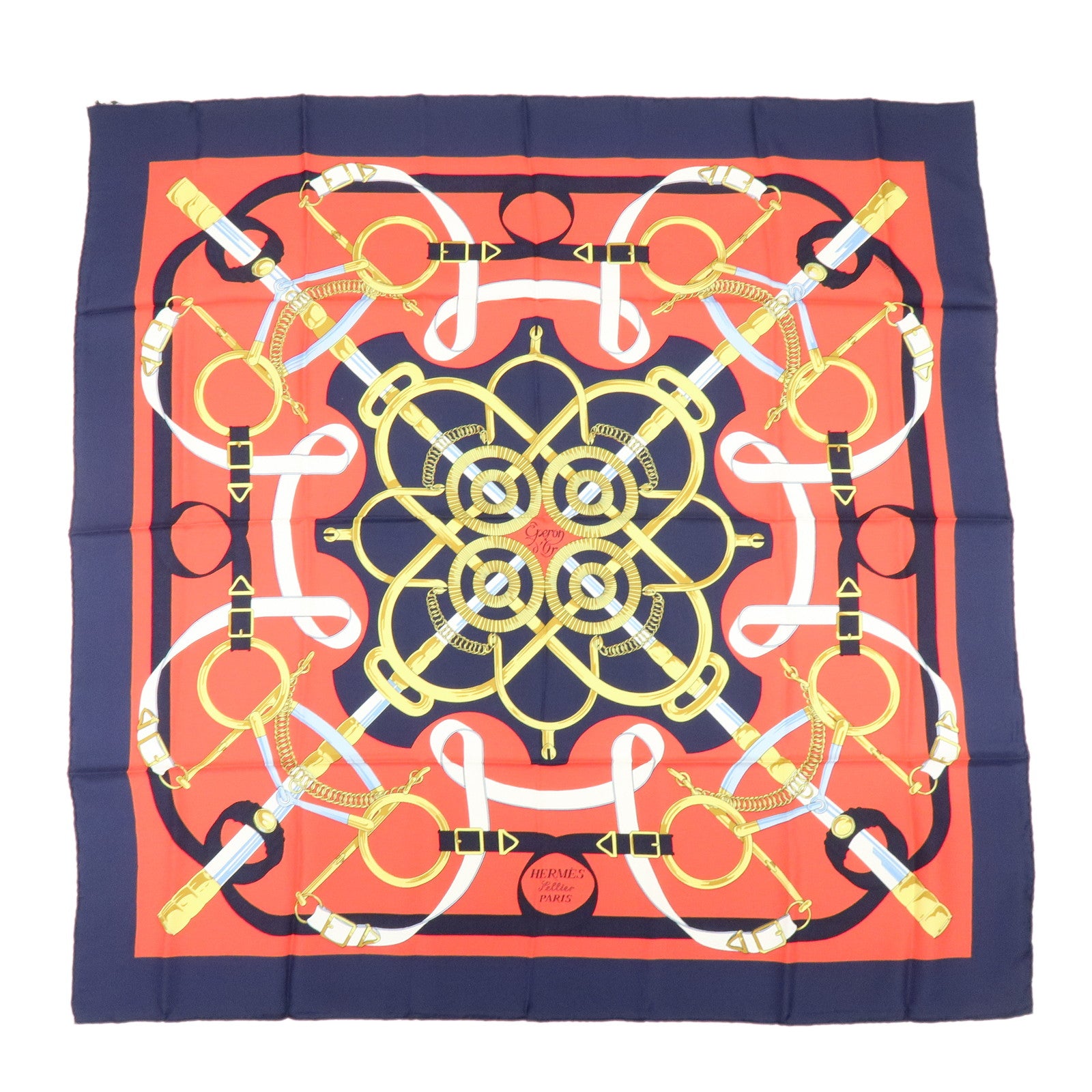 HERMES Carre 90 Silk 100% Scarf  Eperon d'or Navy Red