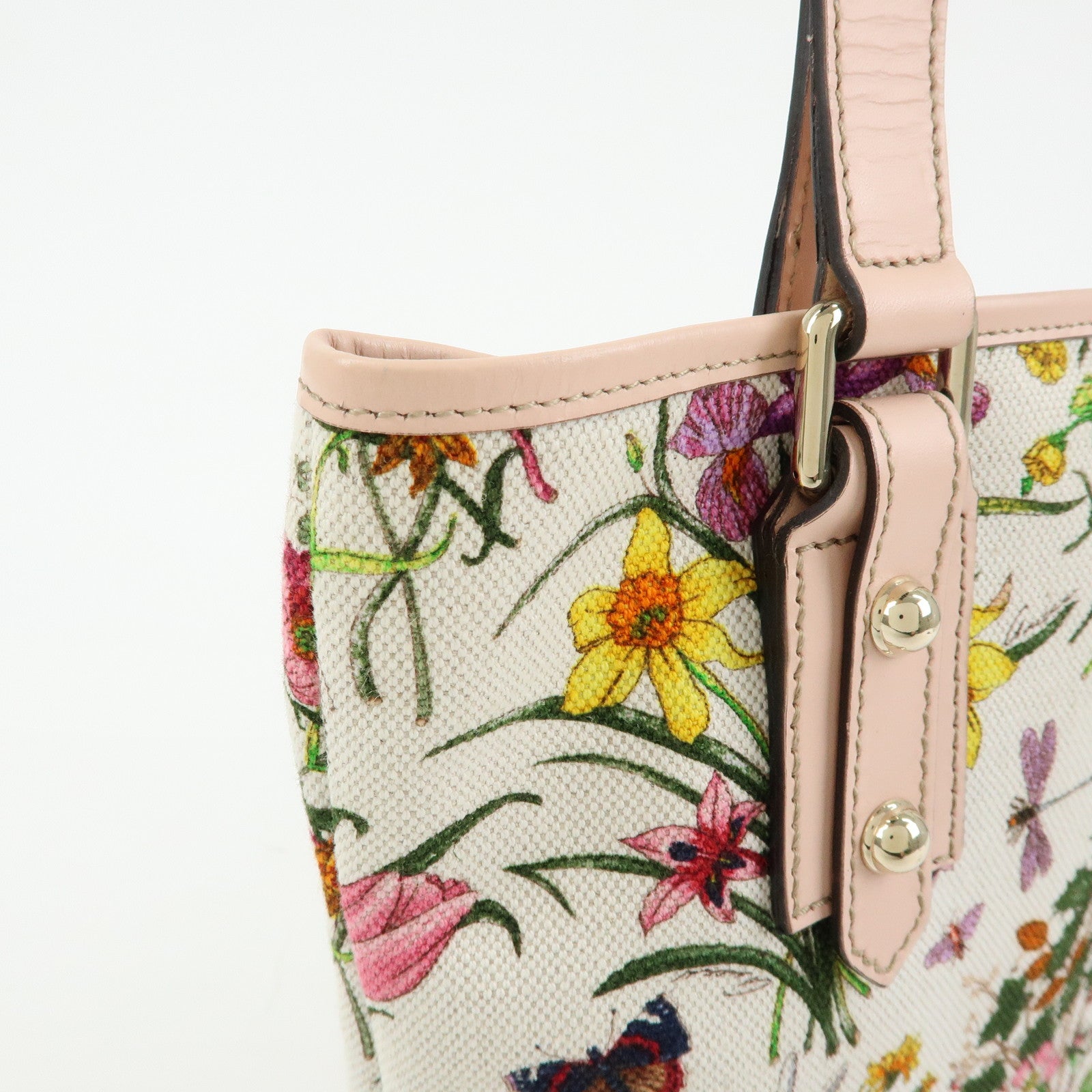 GUCCI Flora Flower Motif Canvas Leather Tote Bag White Pink 240018