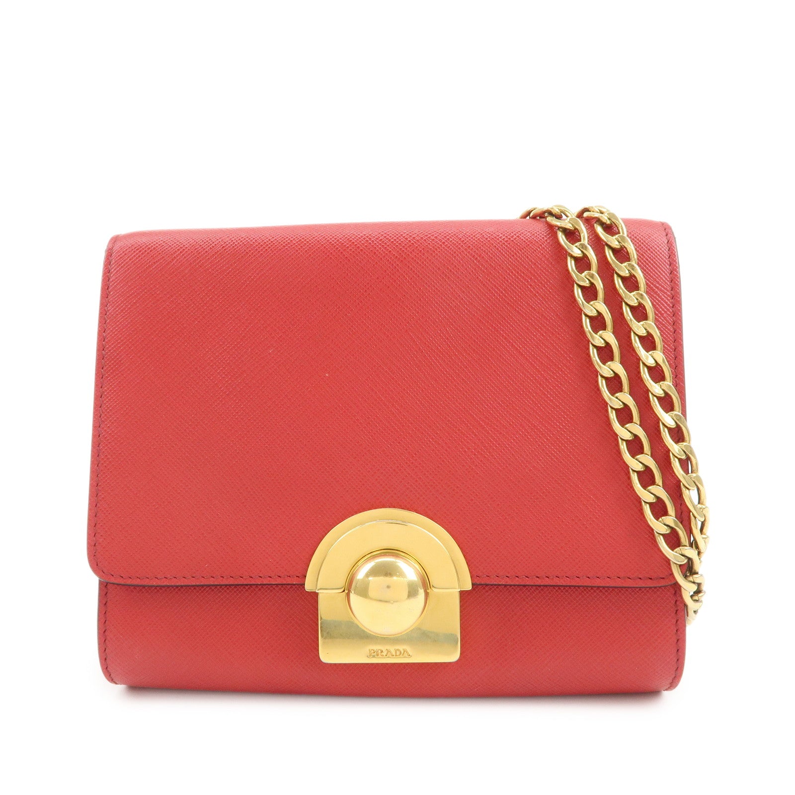 PRADA Logo Saffiano Leather Chain Shoulder Bag Red 1BH007