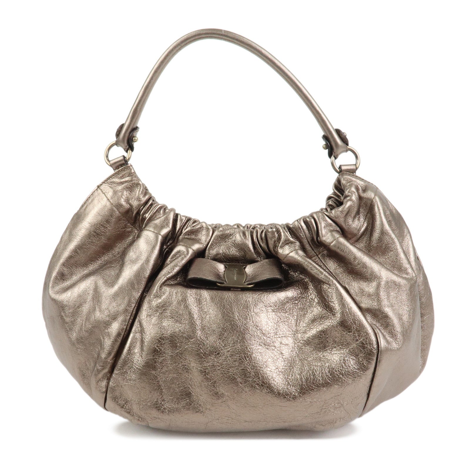 Ferragamo Vara Ribbon Logo Leather Shoulder Bag Hand Bag Silver