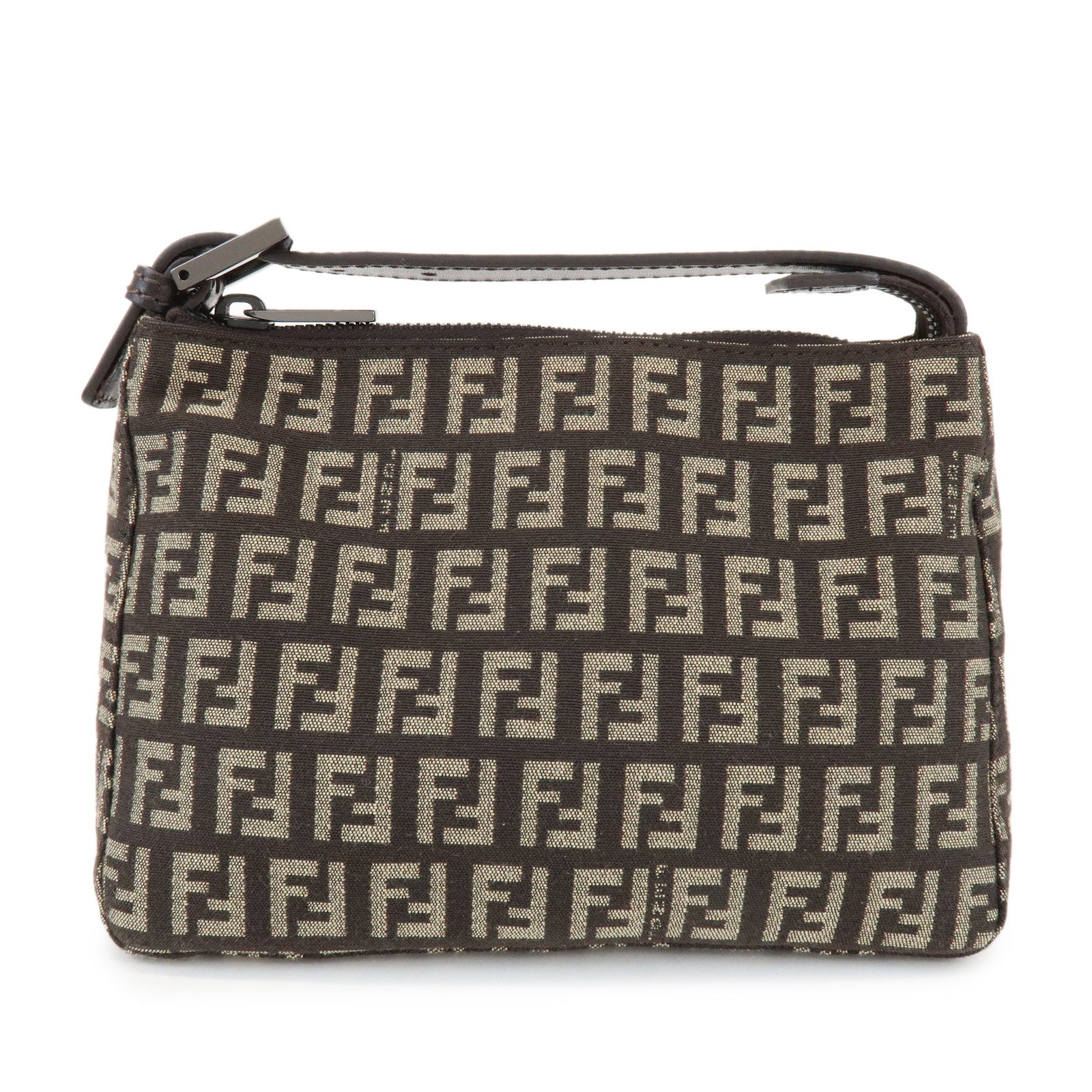 FENDI Zucchino Canvas Leather Hand Bag Pouch Bag Brown 8N00001