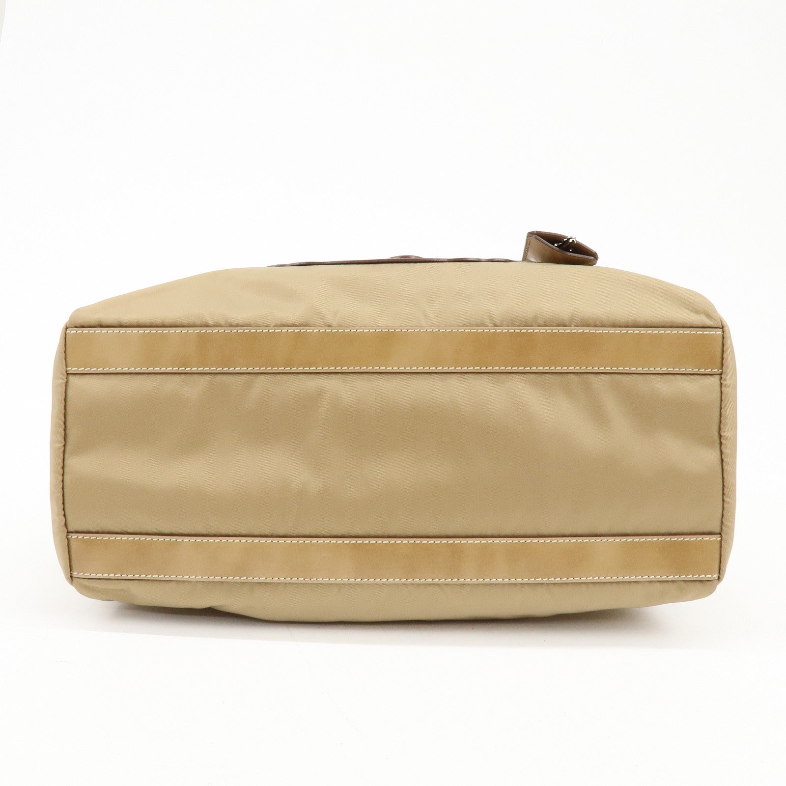 PRADA Logo Nylon Leather Shoulder Bag Boston Bag Beige BR3150