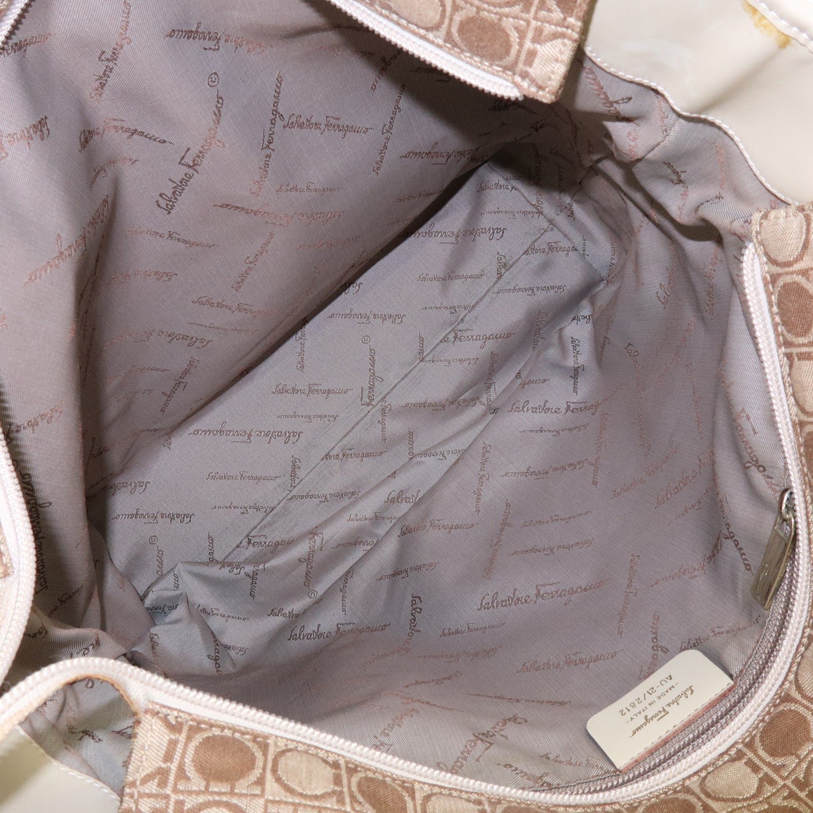 Ferragamo Gancini Canvas Leather Tote Bag Hand Bag Brown Beige