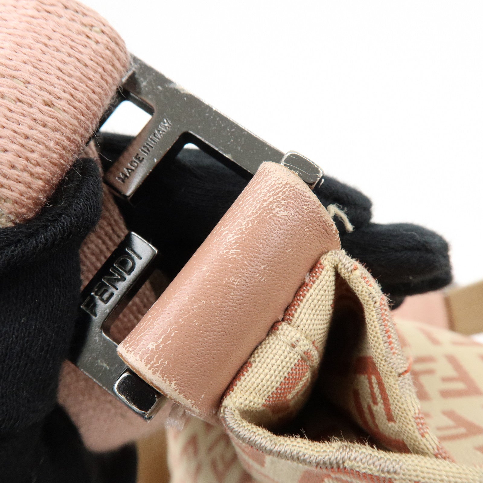 FENDI Zucchino Canvas Leather Shoulder Bag Beige Pink 8BR318