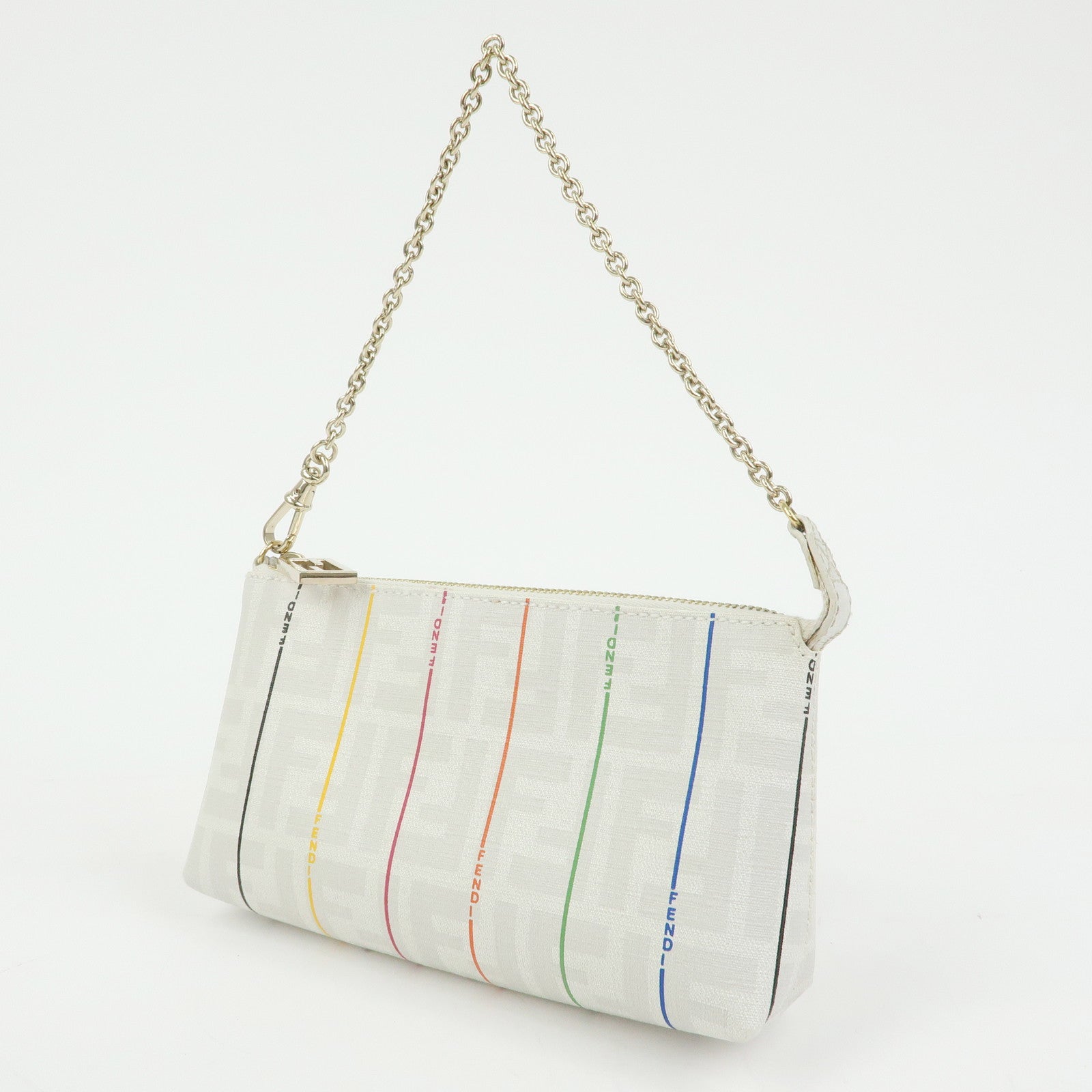 FENDI Zucca PVC Chain Accessory Pouch Hand Bag White 8BR592